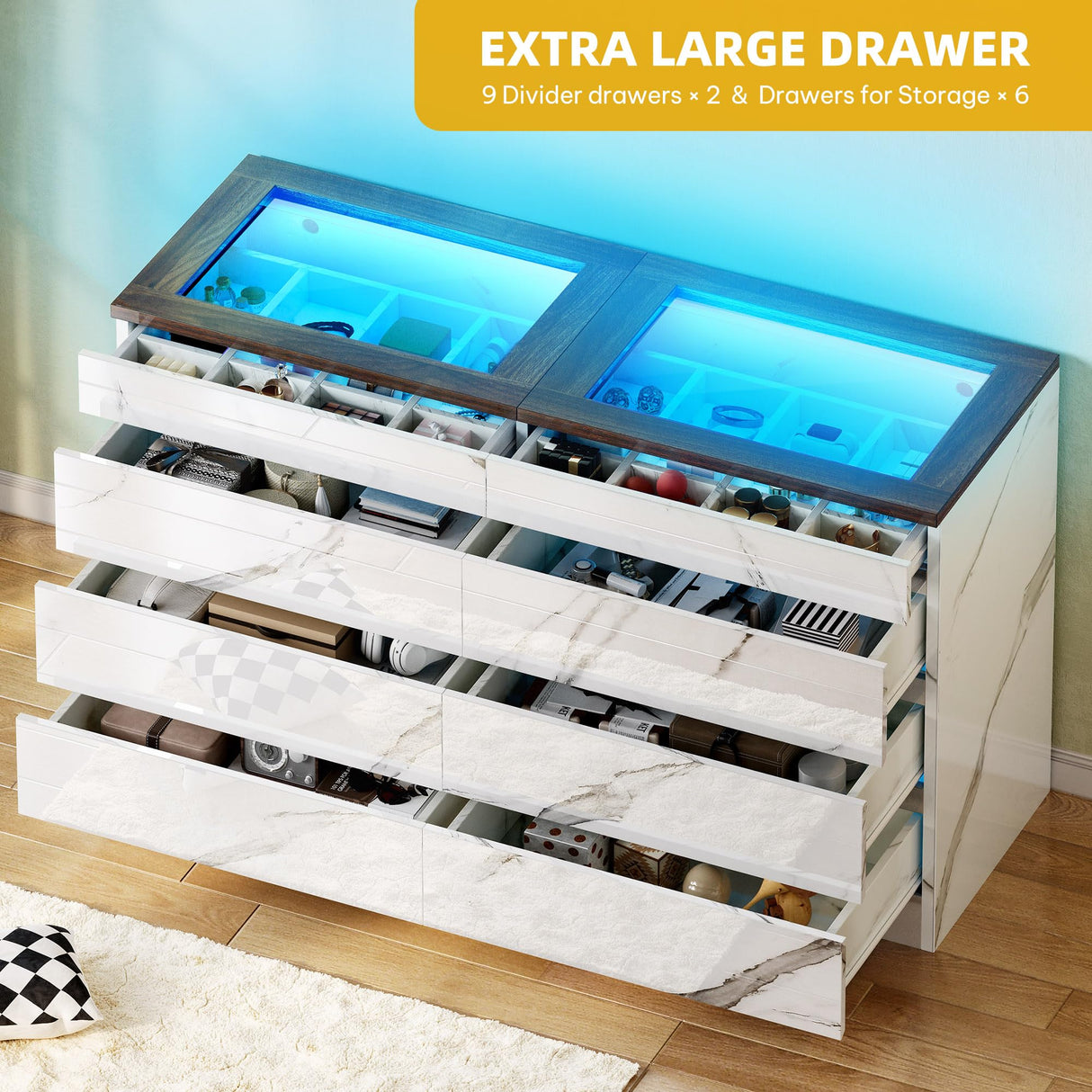 DWVO 8 Drawer Dresser with LED Light,White Marble Dresser, Modern 8 Chest of Drawers with Deep Drawers Glass Top High Gloss Surface, Storage Organizer Cabinet for Living Room, Bedroom DWVO