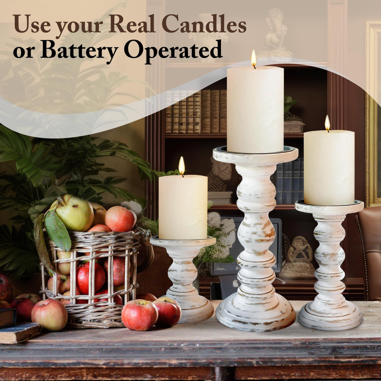 Wood Candle Holders for Pillar Candles (Set of 3) Tall Large Rustic Pillar Candlestick Stands - Fits Both 4 inch and 3 inch Wide Pillar Candles - Modern Farmhouse Decor (Antique White) My Fancy Farmhouse