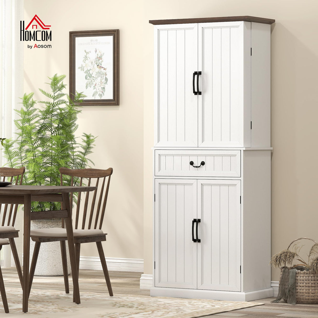 HOMCOM 71" LED Kitchen Pantry Cabinet, Farmhouse Tall Freestanding Storage Cabinet with Door Shelves, Adjustable Shelves and Drawer for Kitchen and Dining Room, Distressed White HOMCOM