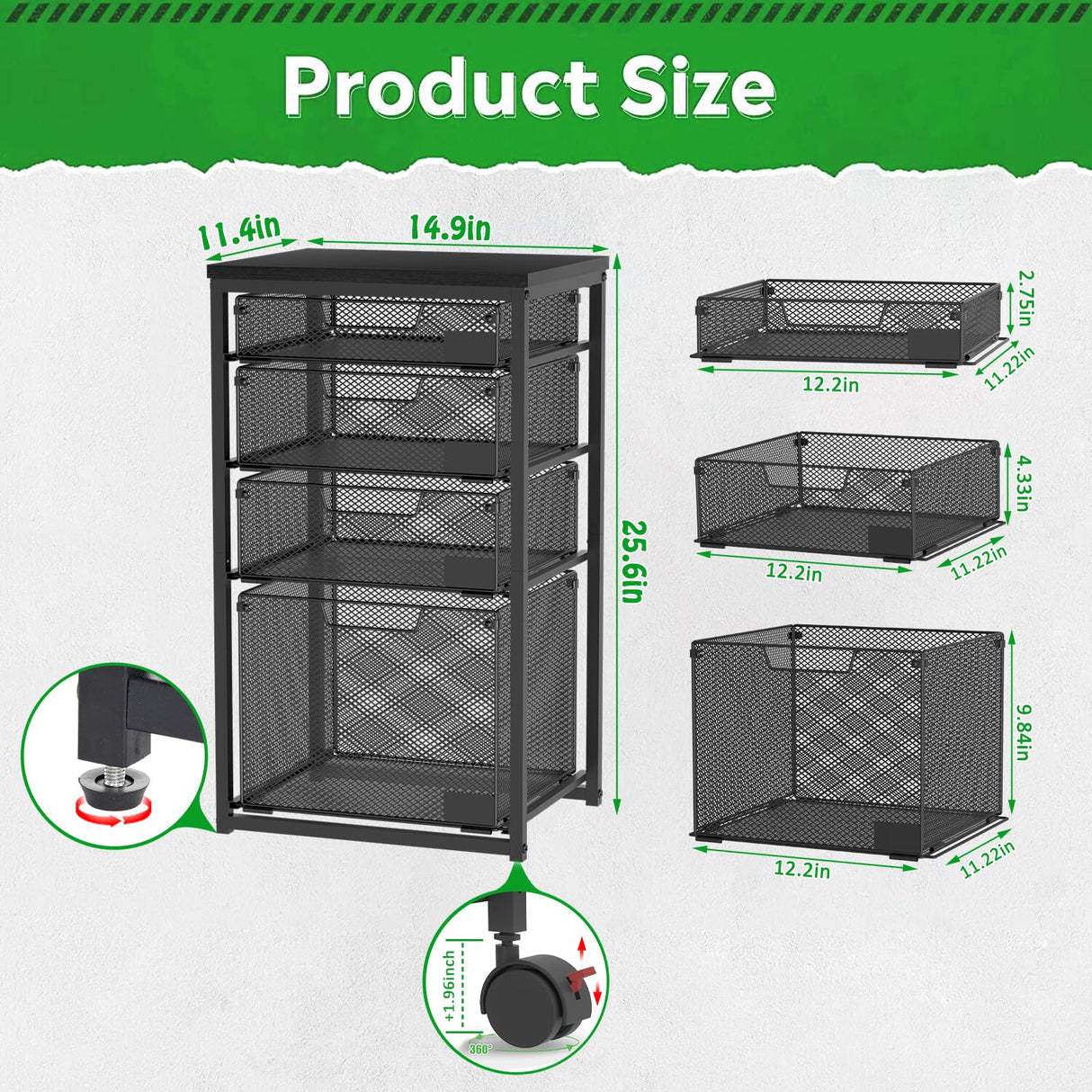 Rolling File Cart with 4 Storage Drawers, Filing Cabinet for Home Office, Hanging File Folder Organizer with Wheels Under Desk, Utility Craft Cart Printer Stand, Black, Patent Pending Sbanmao