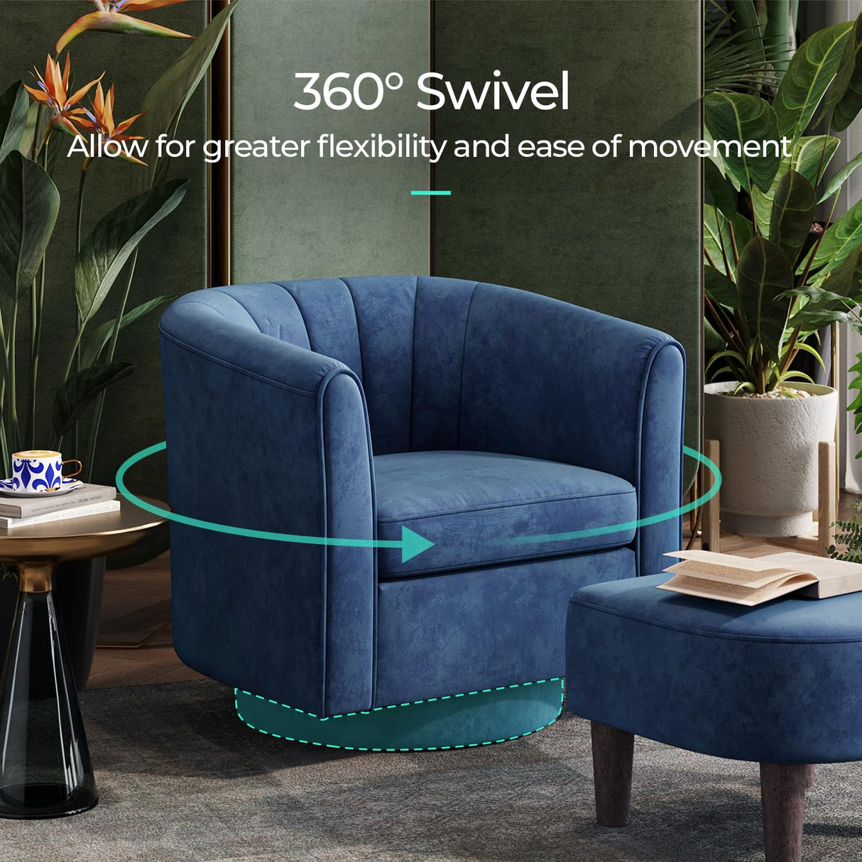 LINSY Swivel Accent Chair Ottoman Set: Velvet Small Barrel Chair with Foot Rest, Modern Reading Chair Upholstered Armchair with Footrest for Living Room Bedroom Study Room Office (Blue) LINSY