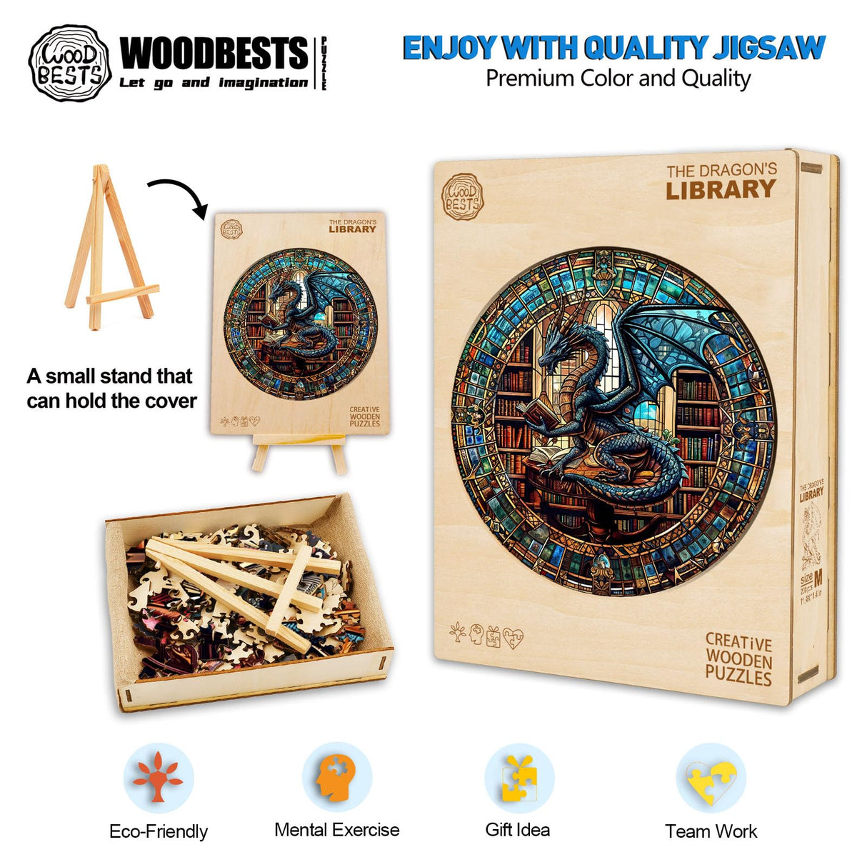 WOODBESTS Wooden Puzzles for Adults (300 Piece, L, 13.4"x13.4") Dragon's Library Wood Puzzles Adult, Wooden Jigsaw Puzzles Unique Shape, Birthday Gifts for Adults Family Game WOODBESTS