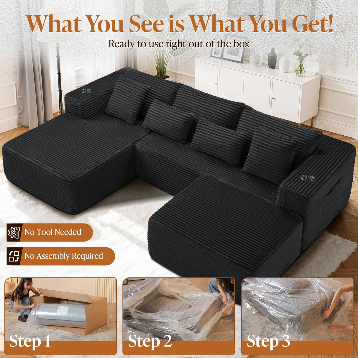 VYUXWO 108" Cloud Sectional Couch, Comfort U Shaped Boneless Couch for Living Room, Extra Deep Seats No Assembly, Minimalist Modular Sofa, Corduroy (Black, 2 Seater+Left Facing Chaise+Ottoman) VYUXWO