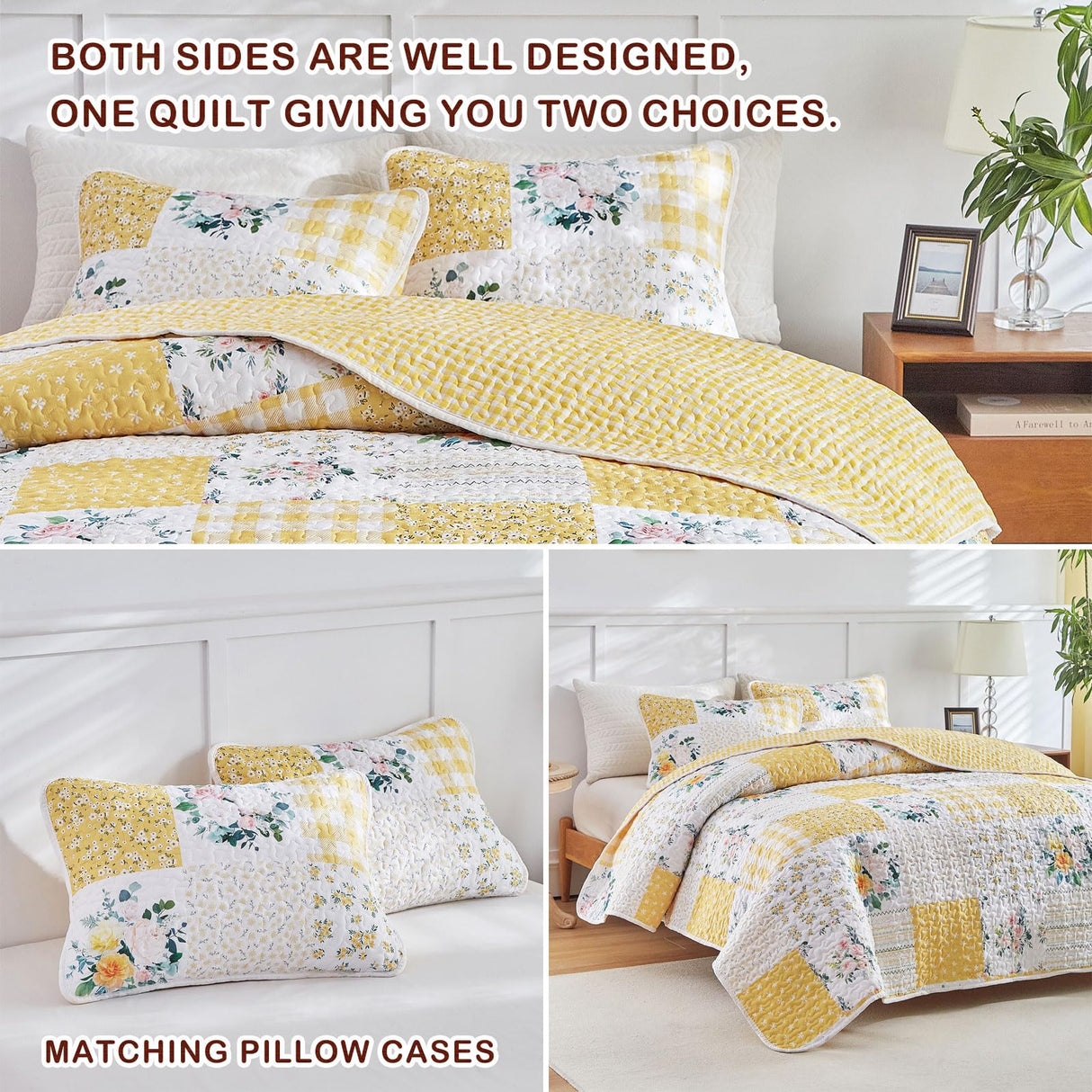 Joyreap 3 Pieces Floral Patchwork Quilt Set Queen, Yellow n White Flowers Design, Soft n Cozy Microfiber Quilt, Bedspread Bed Cover for All Season, 1 Quilt and 2 Pillow Shams- 90x90 inches Joyreap