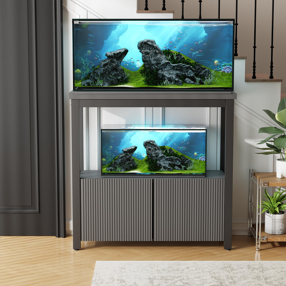 BEWISHOME 40-50 Gallon Fish Tank Stand, Heavy Duty Aquarium Stand with Thickened Metal Frame, Fish Tank Stand with Cabinet for Storage, 36.2" L* 17.7" W Tabletop 1000LBS Capacity Grey KYG03H BEWISHOME