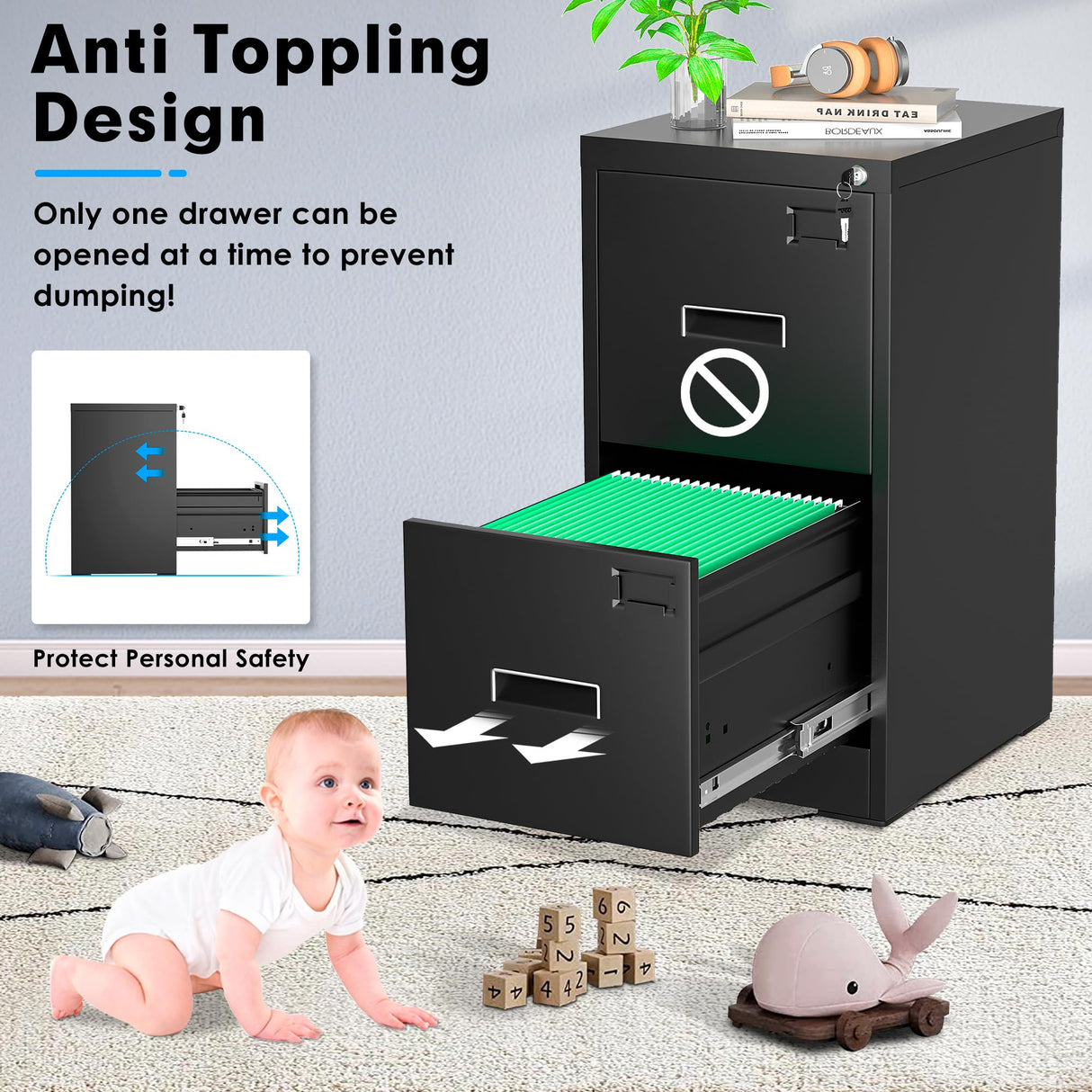 Greenvelly Black Filing Cabinet 2 Drawer, 18” D Vertical File Cabinet with Lock, Locking File Cabinet for Home Office, Metal File Cabinet for Hanging Letter/Legal Folders, Easy Assemble Greenvelly