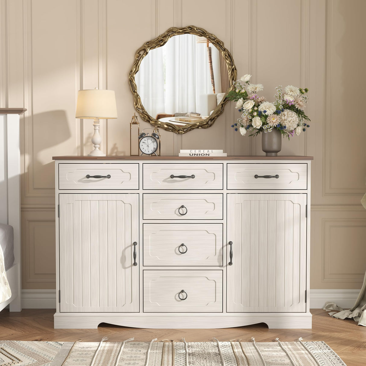 Maupvit Buffet Cabinet, Sideboard Cabinet with 2 Doors and 6 Drawers, Modern Farmhouse Buffet Table with Storage & Adjustable Shelves for Kitchen, Coffee Bar Table for Dining, Living Room (White) Maupvit