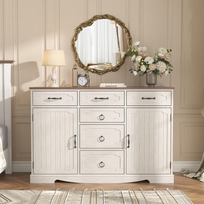 Maupvit Buffet Cabinet, Sideboard Cabinet with 2 Doors and 6 Drawers, Modern Farmhouse Buffet Table with Storage & Adjustable Shelves for Kitchen, Coffee Bar Table for Dining, Living Room (White)