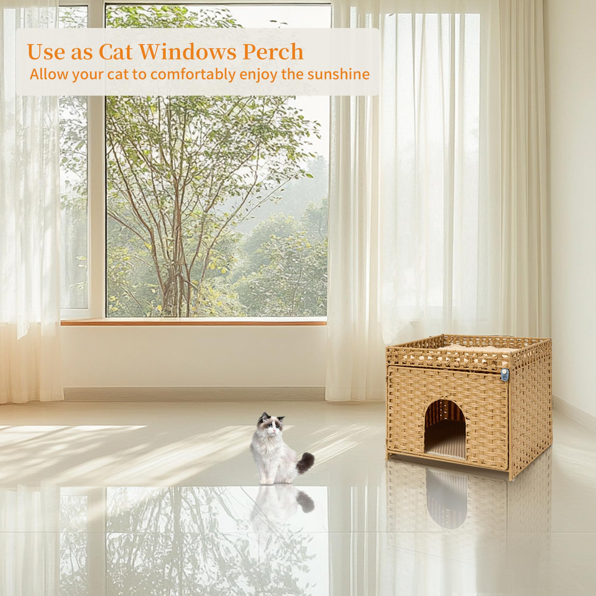 Yilucess Litter Box Enclosure Furniture Hidden with Cat Scratch Pad,Handwoven Rattan Cat House with Large Space,Suitable for Living Room,Bedroom,Corner (Grass Yellow) Yilucess