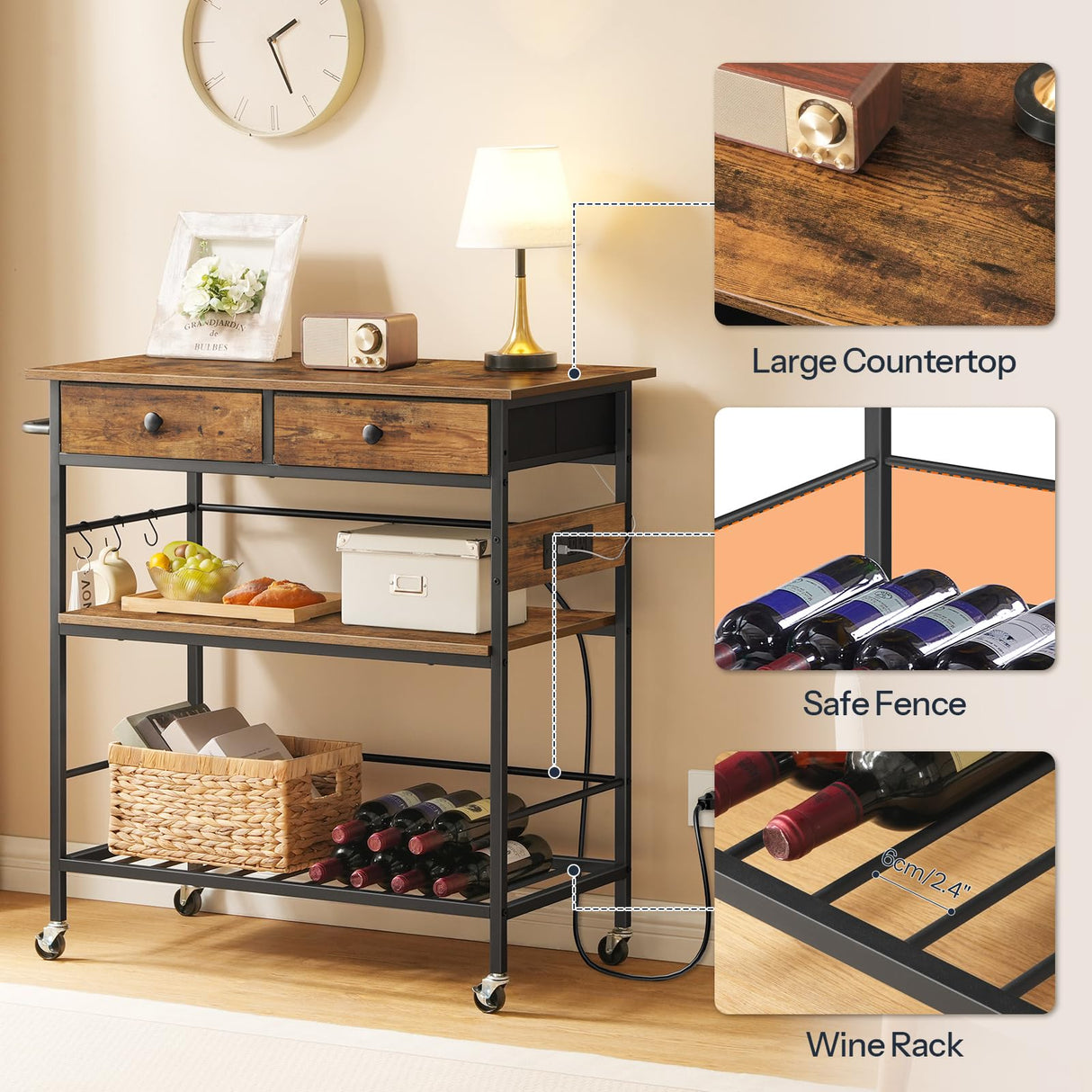 HOOBRO Kitchen Island with Storage, Rolling Island Cart for Kitchen with 2 Drawers & Outlet, 3 Tier Coffee Station and Microwave Stand, Kitchen Island Table for Home, Rustic Brown and Black BF08UZD01 HOOBRO
