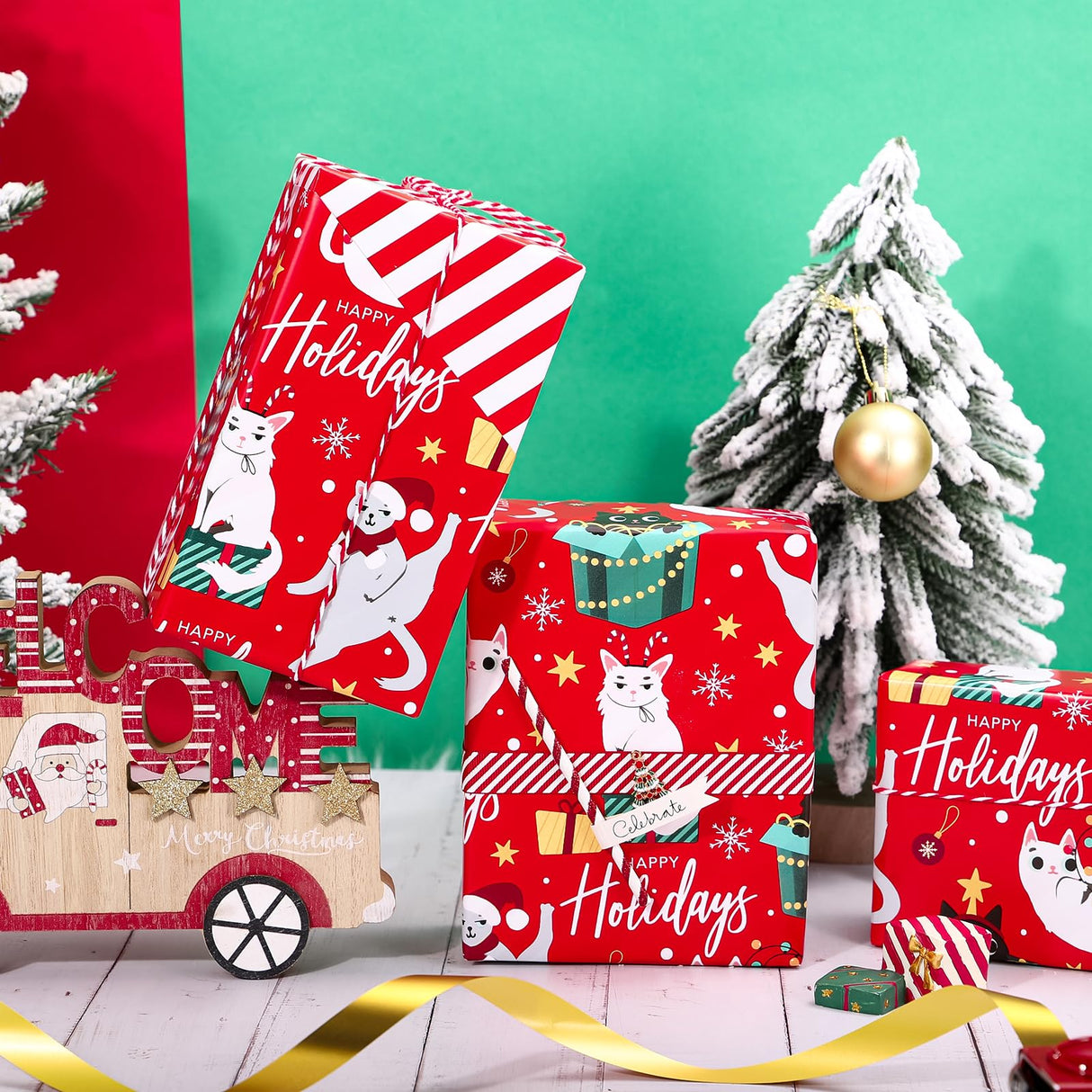 WRAPAHOLIC Reversible Cat Christmas Wrapping Paper - Mini Roll - 17 Inch x 33 Feet - Red Christmas Cat Wrapping Paper and Stripes Design for Holiday, Party Celebration WRAPAHOLIC
