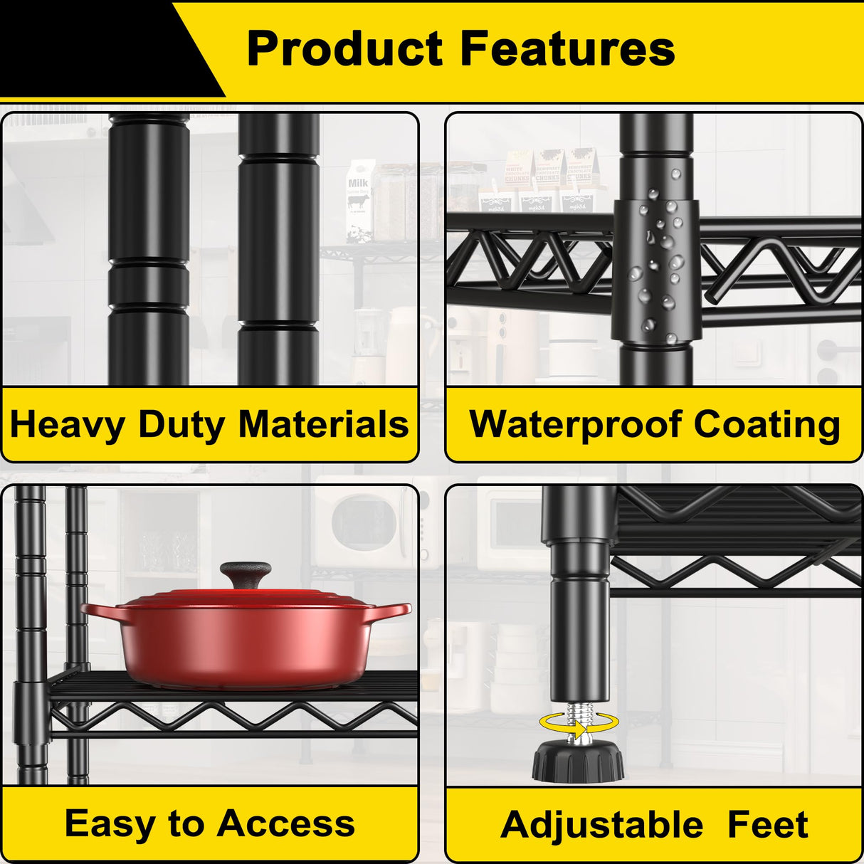 GIOTORENT 4-Wire Garage Shelving Storage Shelves, Metal Shelf Organizer 1400Lbs Capacity, Kitchen Storage Adjustable Shelf for Laundry Bathroom Pantry Closet, Black 36.2''L x 14''W x 53.4''H GIOTORENT