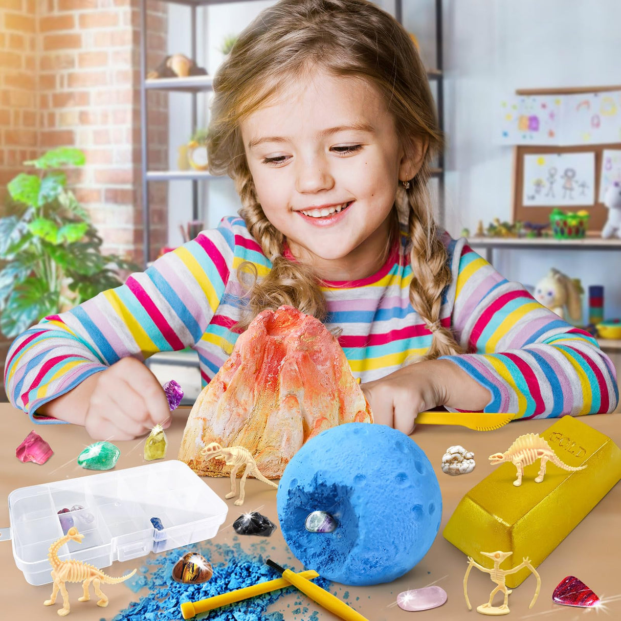 UNGLINGA Gemstone Excavation Gem Rock Dig Science Experiments Kit for Kids, Excavate 15 Gems and 4 Plastic Dinosaur Fossil Skeletons, Christmas Birthday Toys Gifts Idea for Girls and Boys UNGLINGA