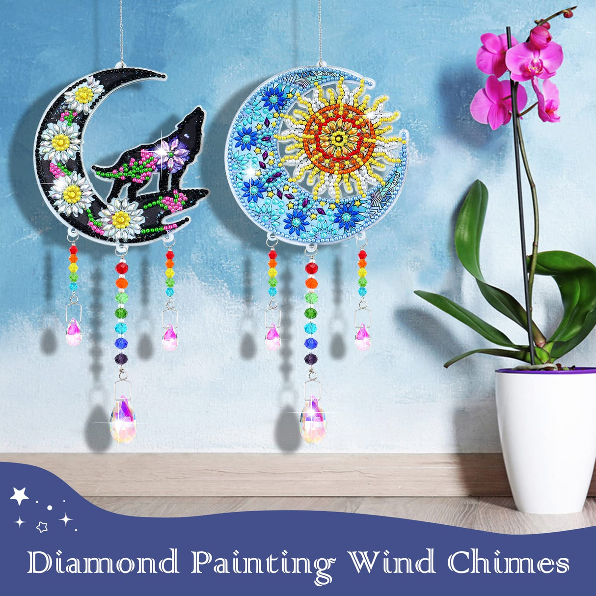 ZYNERY 2 PCS Diamond Painting Wind Chime, Suncatcher Kit Diamond Art for Adults Kids, Painting Kits Hanging Pendant for Home Garden Outdoor Decor (Moon Wolf, Moon Sun) ZYNERY