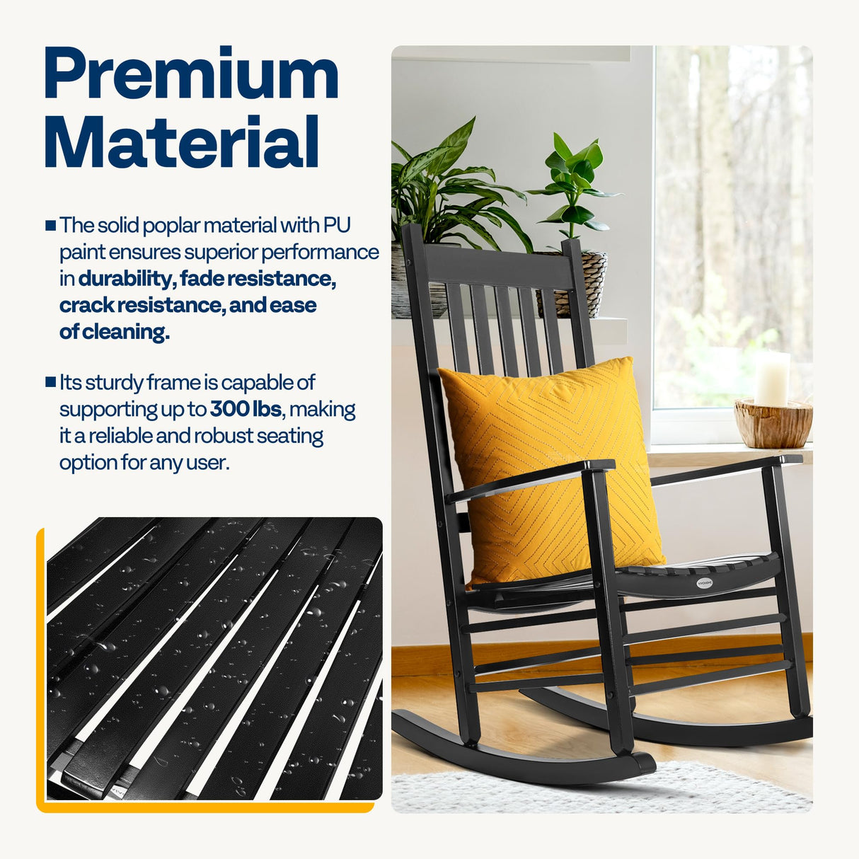 VIVOHOME Oversized Wooden Rocking Chair with Anti-Slip Strips for Noise Reduction, Suitable for Indoor, Porch, Garden, Black VIVOHOME