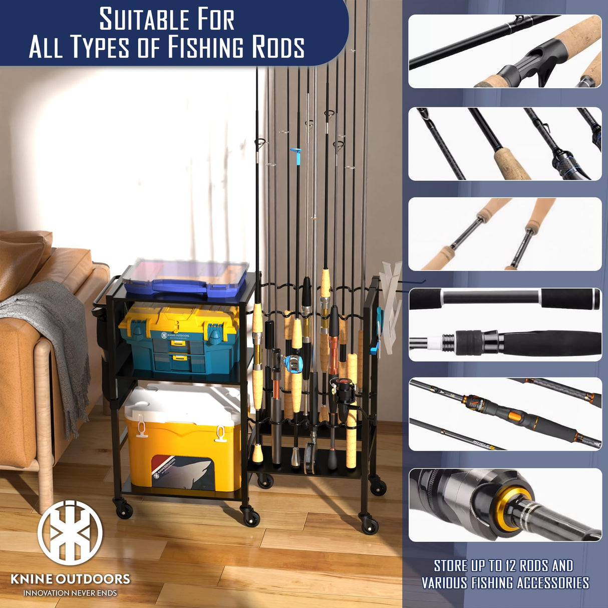 KNINE OUTDOORS Garage Fishing Pole Holders - 12 Rod Holders, 3 Layers of Storage Space for Fishing Gear and Equipment KNINE OUTDOORS