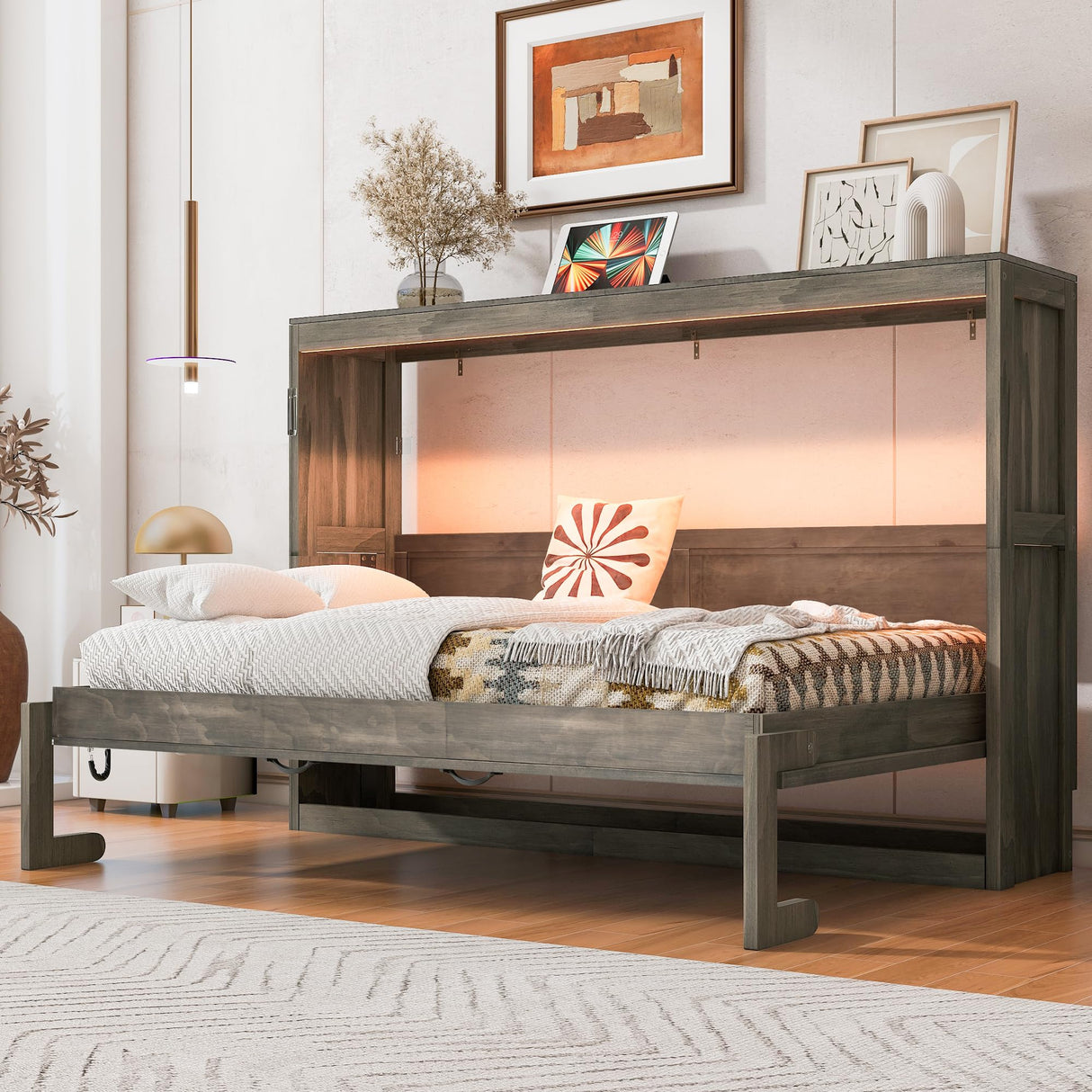 Merax Twin Size Murphy Bed with LED Light, can be Folded into a Cabinet, Hidden Wall Cabinet Murphy Bed for Bedroom Living Room Guest Room, Brown Merax