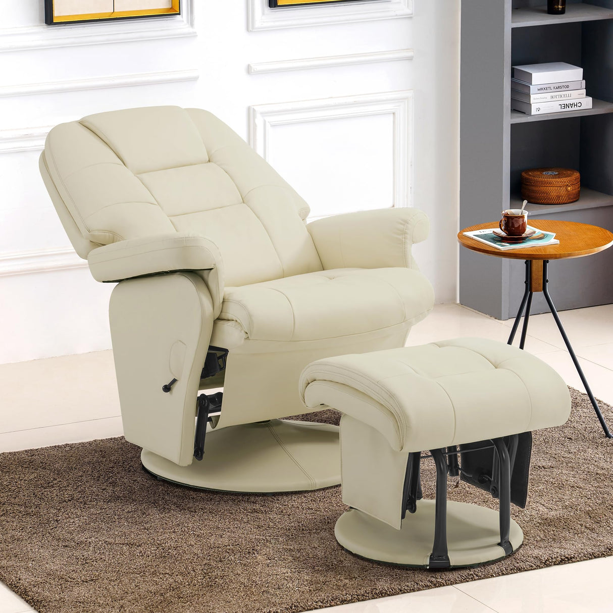 MCombo Swivel Glider Recliner with Ottoman, Reclining Chair with Adjustable Back, Faux Leather Upholstered Lounge Chair for Living Room Bedroom 4800 (Cream White) MCombo
