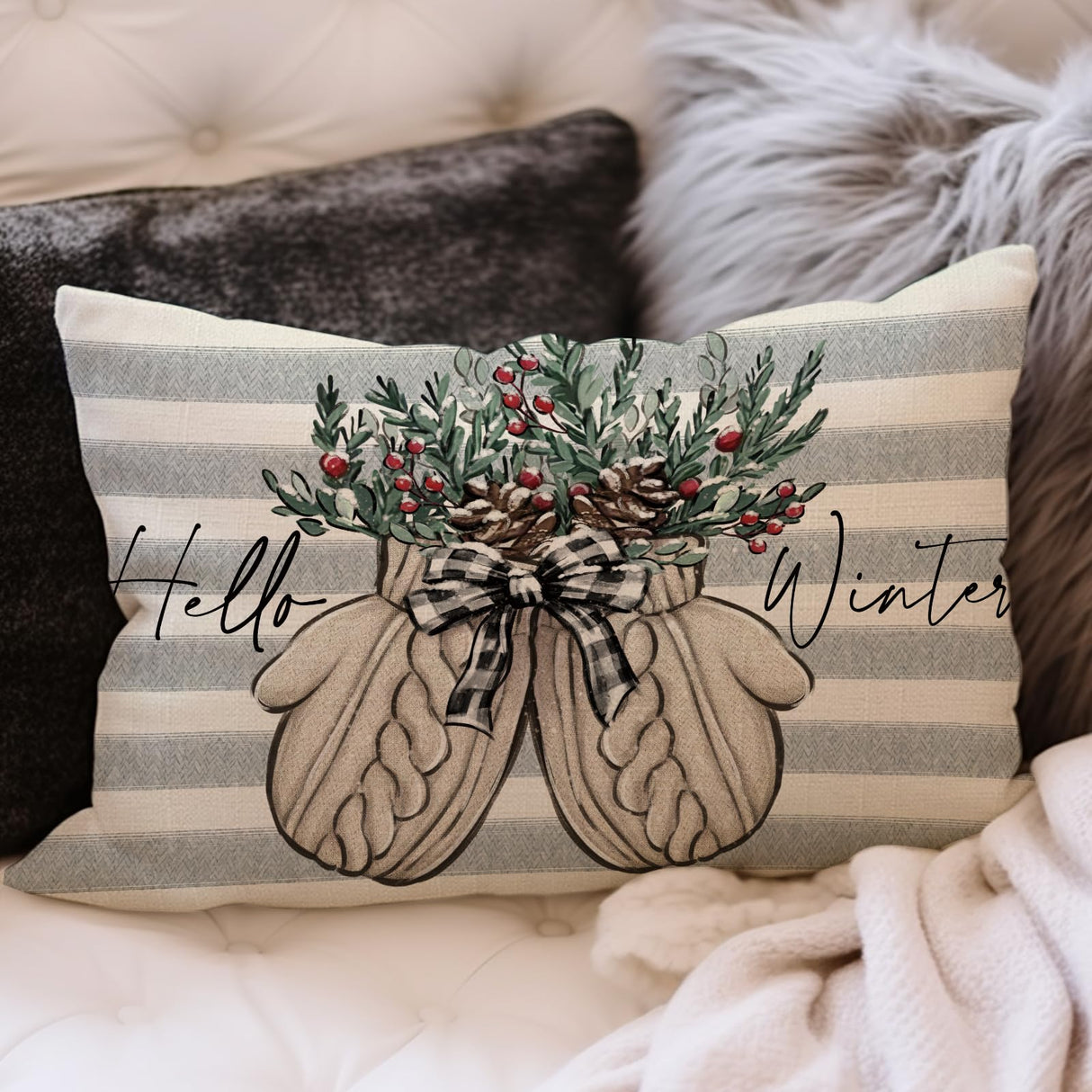 Fjfz Hello Winter Gloves Gray Lumbar Decorative Throw Pillow Cover 12 x 20, Rectangular Red Berry Gray Stripe Outdoor Home Decor, Plaid Bow Pine Cone Christmas Holiday Seasonal Farmhouse Cushion Case Fjfz
