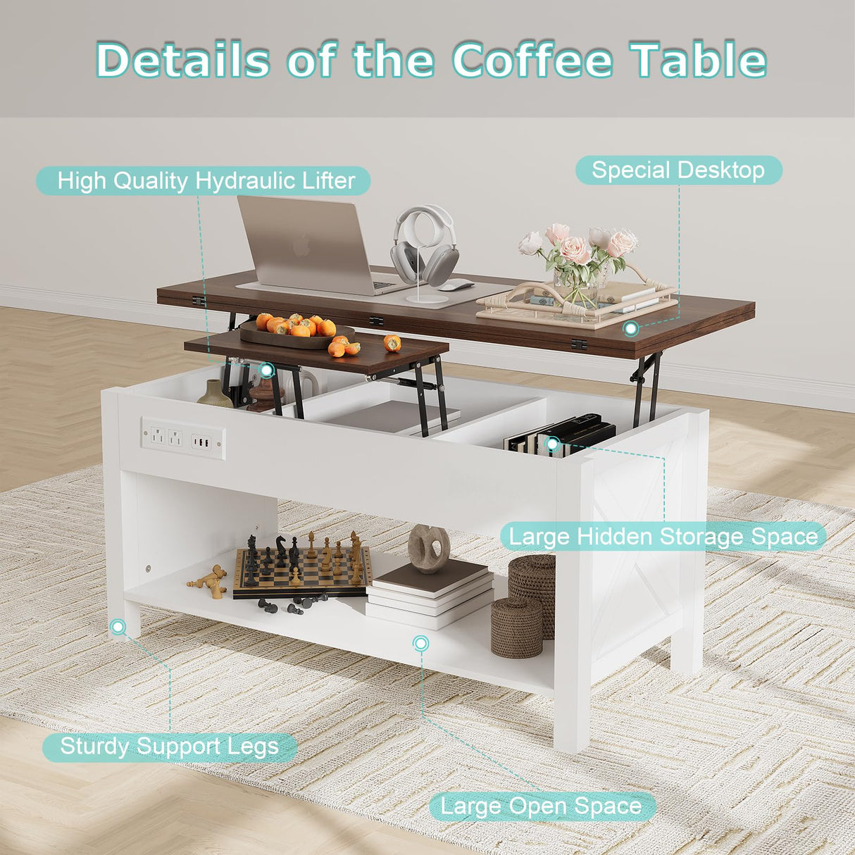 PPorfamilia Lift Top Coffee Table, 4 in 1 Coffee Table with Storage for Living Room, Lift Tabletop Dining Table with Hidden Compartment, Center Table with LED Light & Charge Station for Office, White PPorfamilia