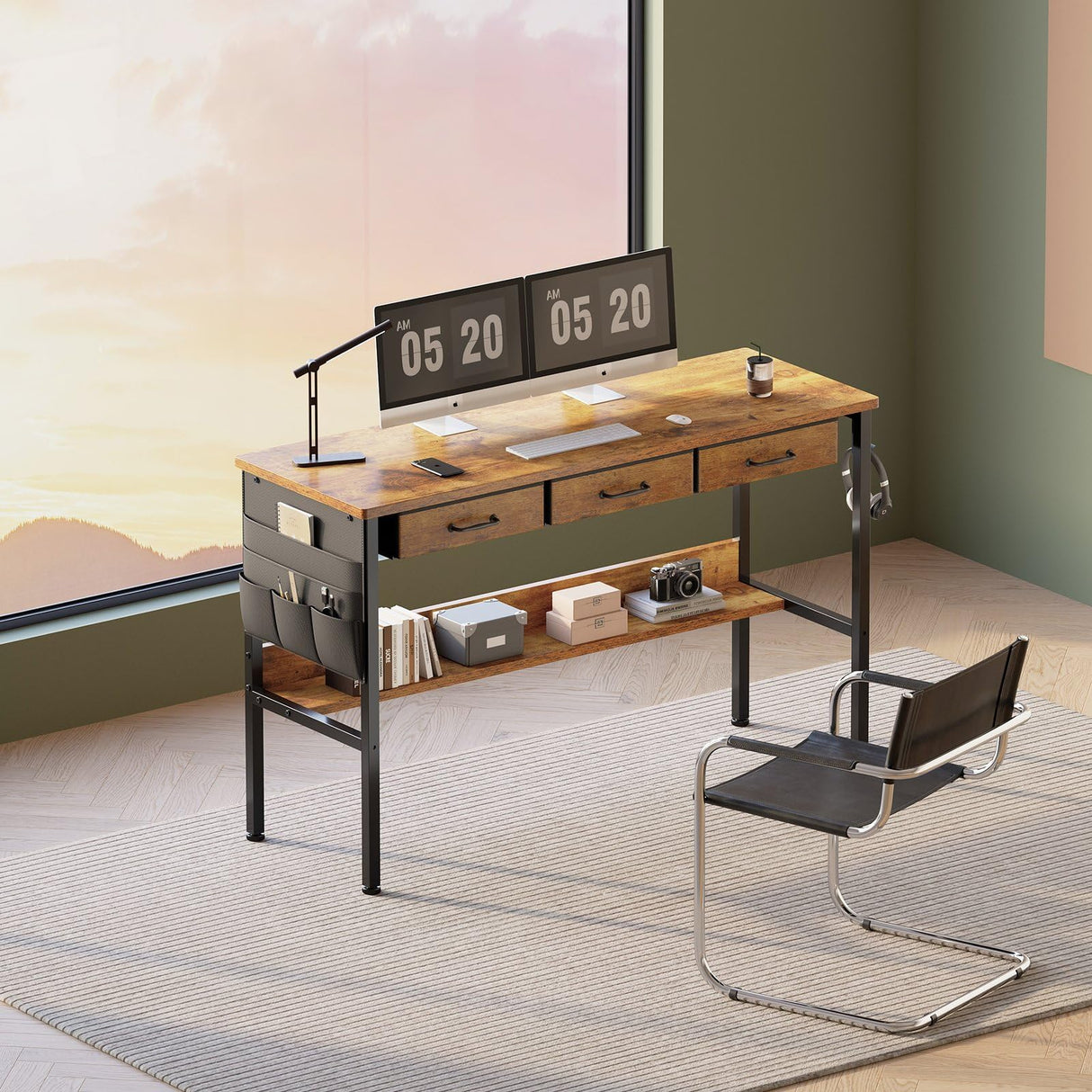 Maihail Small Desk with Drawers for Bedroom, Small Vanity Desk Without Mirror, 47.2inch, Writing Desk with Bookshelf, Computer Desk with Storage Drawers, Vanity Table no Mirror Rustic Brown Maihail