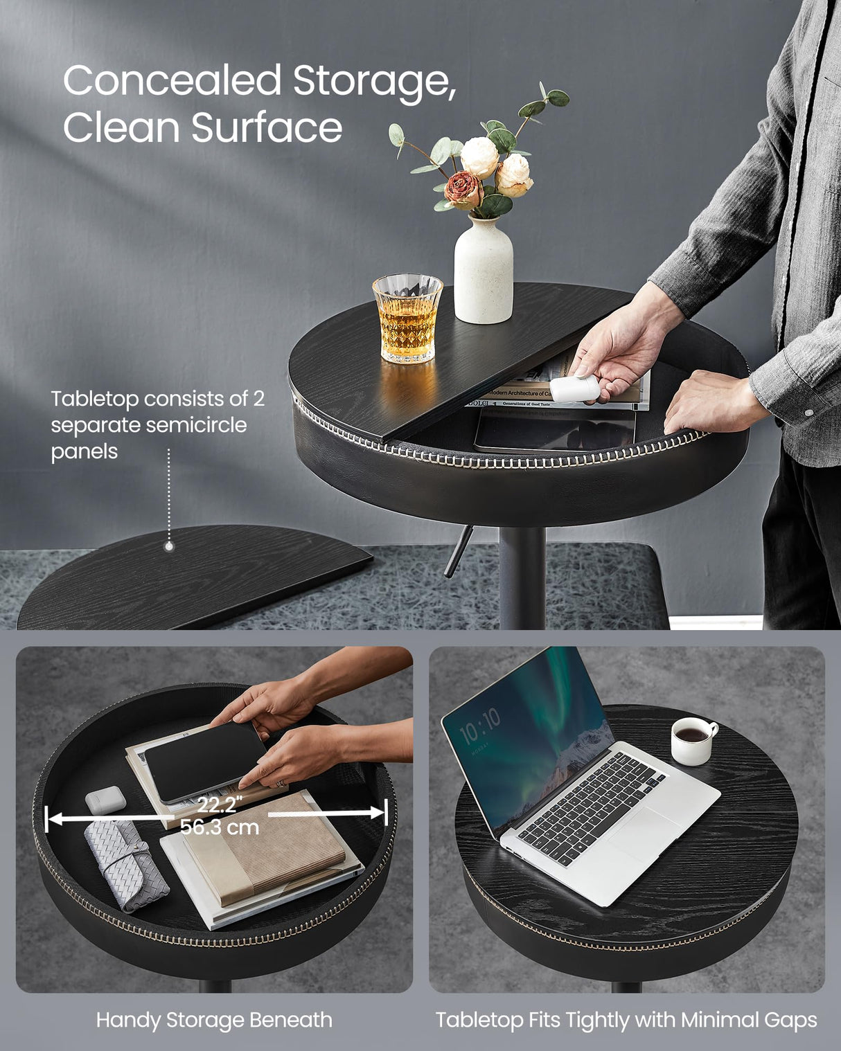 Height Adjustable Round Bar Table with Storage - VASAGLE EKHO Collection in Ebony Black and Ink Black VASAGLE