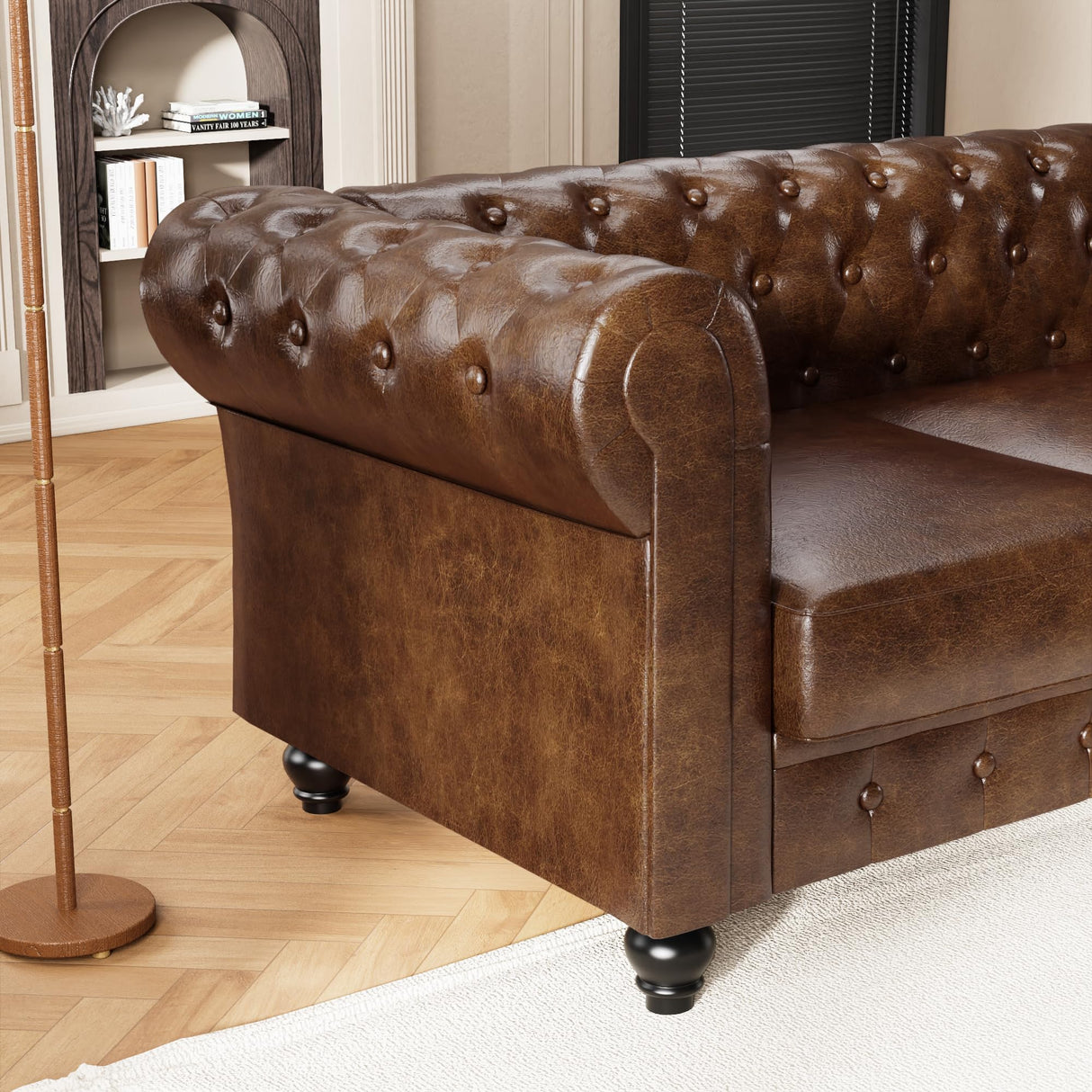 DOOSOODAA Chesterfield PU Leather Couch 3 Seater Sofa, 89" Modern Luxurious Large Button-Tufted Sofa Couch, Home Upholstered Deep Seat Sofa for Living Room Furniture Brown DOOSOODAA