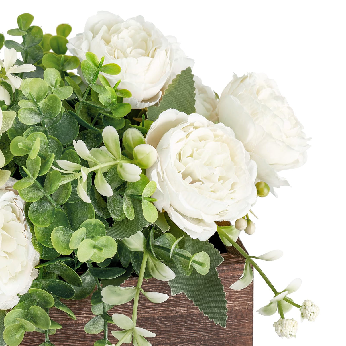 Dahey Centerpiece Table Decorations for Dining Room Farmhouse Living Room Table Centerpieces Decor Wood Tray with 3 Artificial Flowers and 2 Eucalyptus for Kitchen Table, 14.1" x 4.7" x 3.1", White Dahey