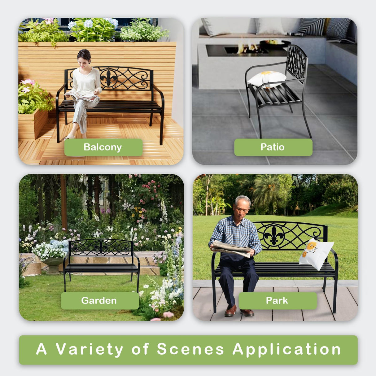 JMGJOY Classic Wrought Iron Outdoor Bench, Metal Weatherproof Garden Bench with Ergonomic Backrest and Armrests, for Patio, Porch, Park, Lawn JMGJOY