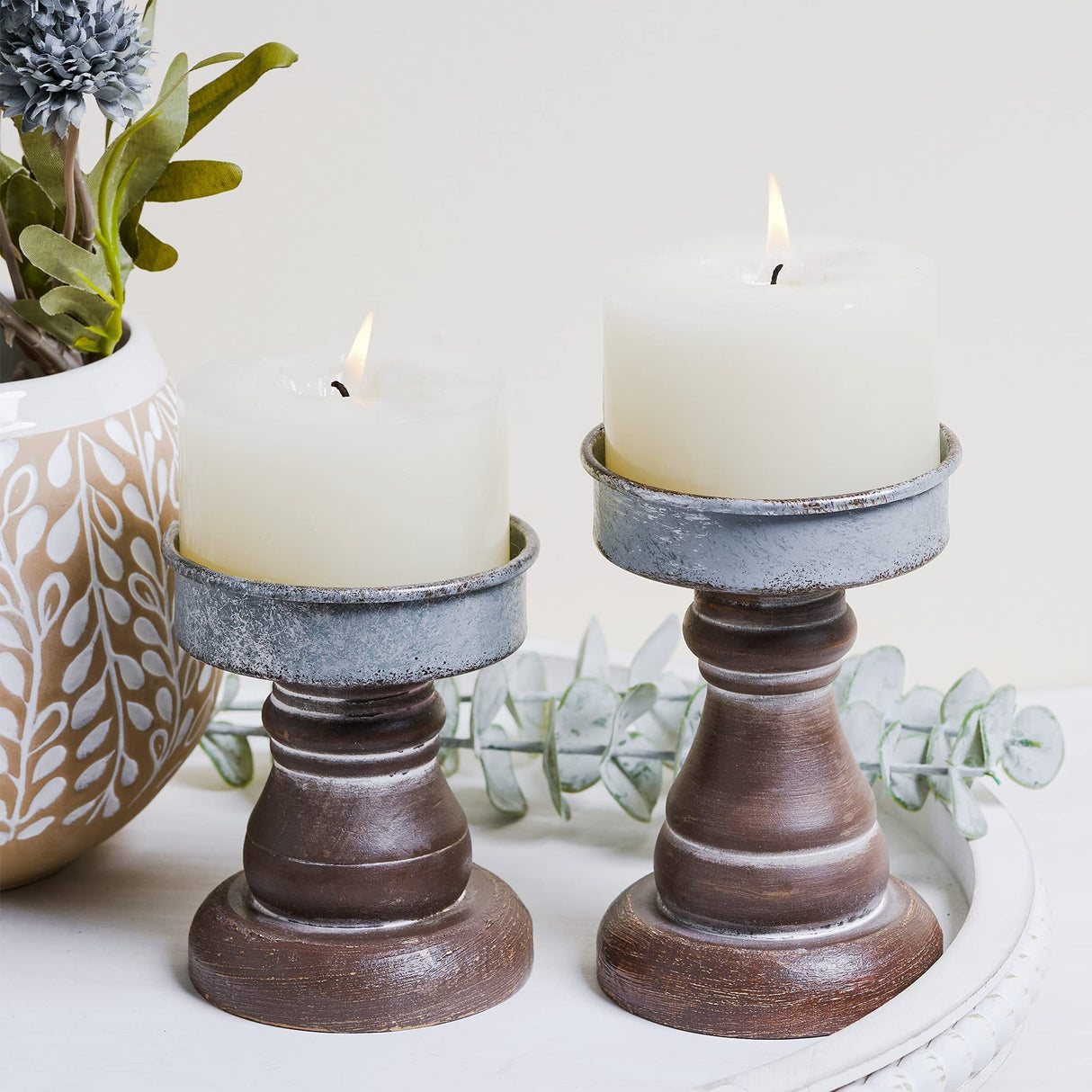 GenMous&Co. Decorative Candle Holders Pedestal Rustic Wood for Pillar Candle Farmhouse Candlestick Holder Galvanized Plate for Mantel, Dining Table, Centerpiece,Coffee Bar,Set of 2(Brown GENMOUS & CO.
