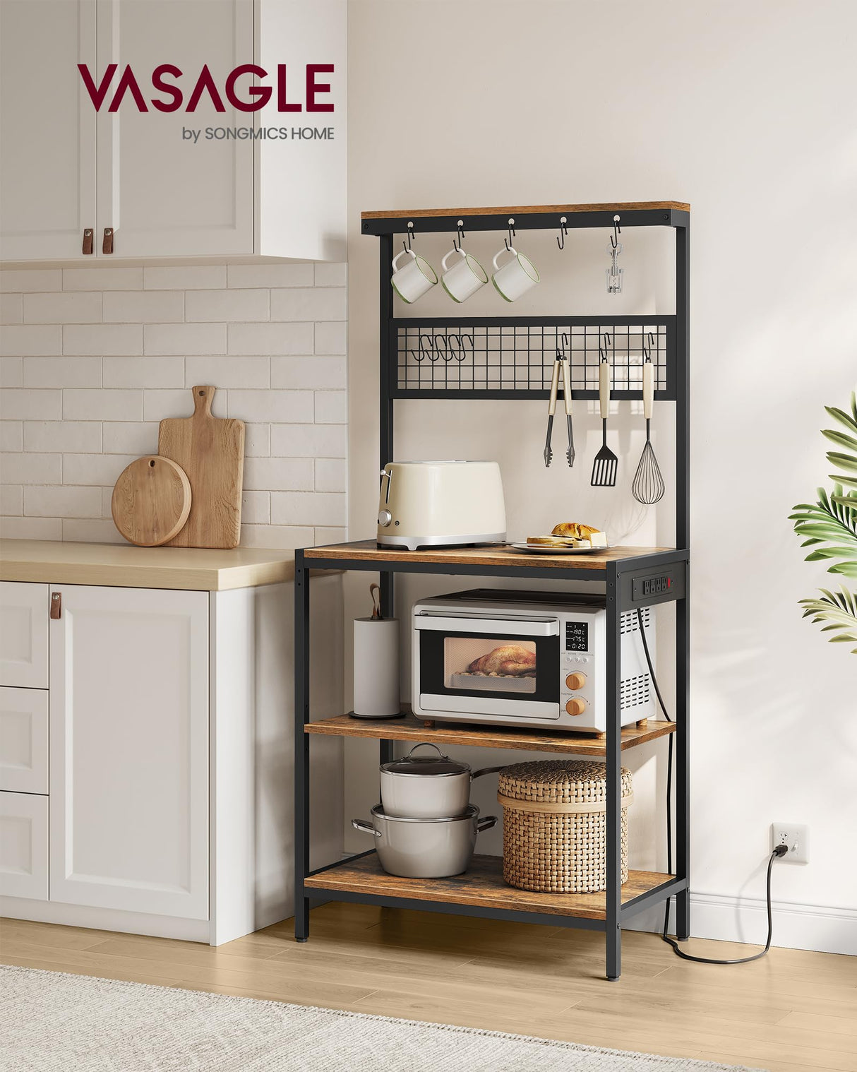 VASAGLE Bakers Rack with Charging Station, 31.5 Inches Coffee Bar Stand with Adjustable Storage Shelf, Grid Panel, 12 Hooks, Table for Microwave, Kitchen, Rustic Brown and Ink Black UKKS016K01 VASAGLE