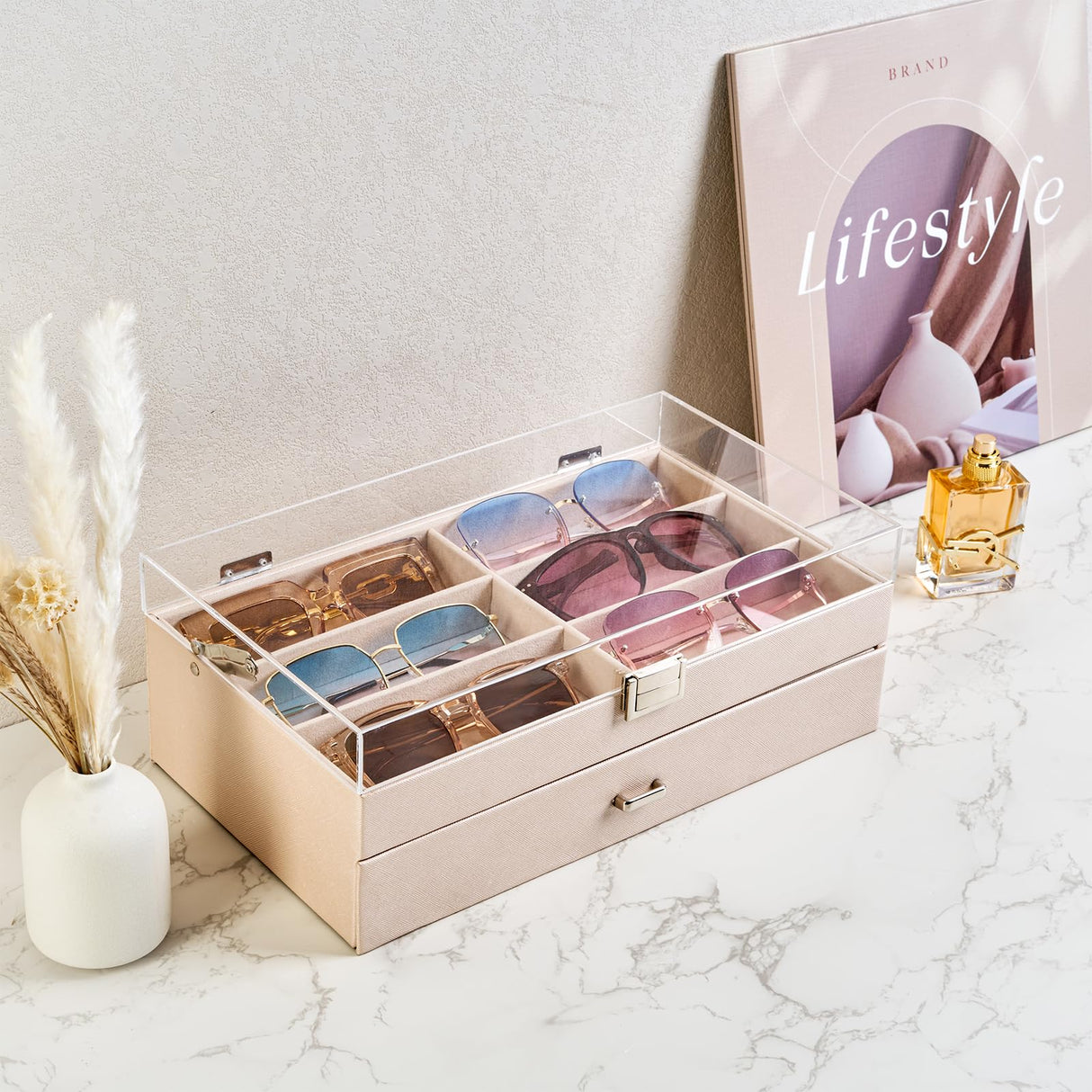 ProCase 12 Slots Acrylic Clear Top Sunglass Organizer, 2 Layers Eyeglasses Case Multi Pairs Storage Eyewear Display Holder with Transparent Lid and Drawer -Champagne ProCase