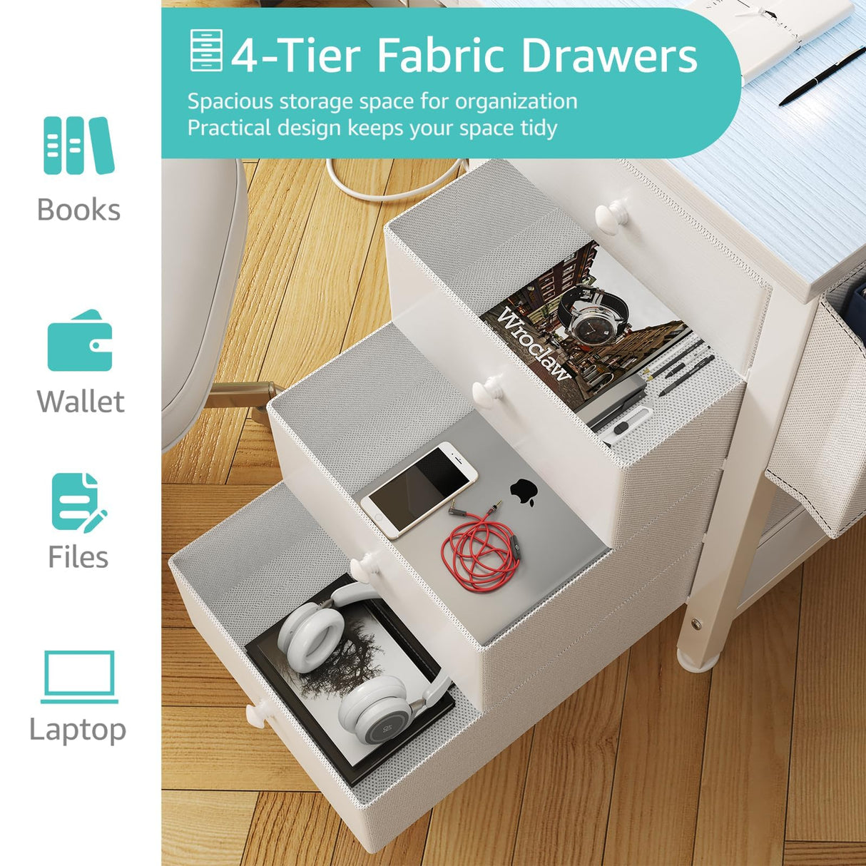 Lufeiya White Desk with 4 Drawers - 47 inch Gaming Desk with Monitor Stand, Computer Gaming Desk with LED Lights Power Outlets and Storage Bag Fabric Drawer for Home Office, Bedroom, White Lufeiya