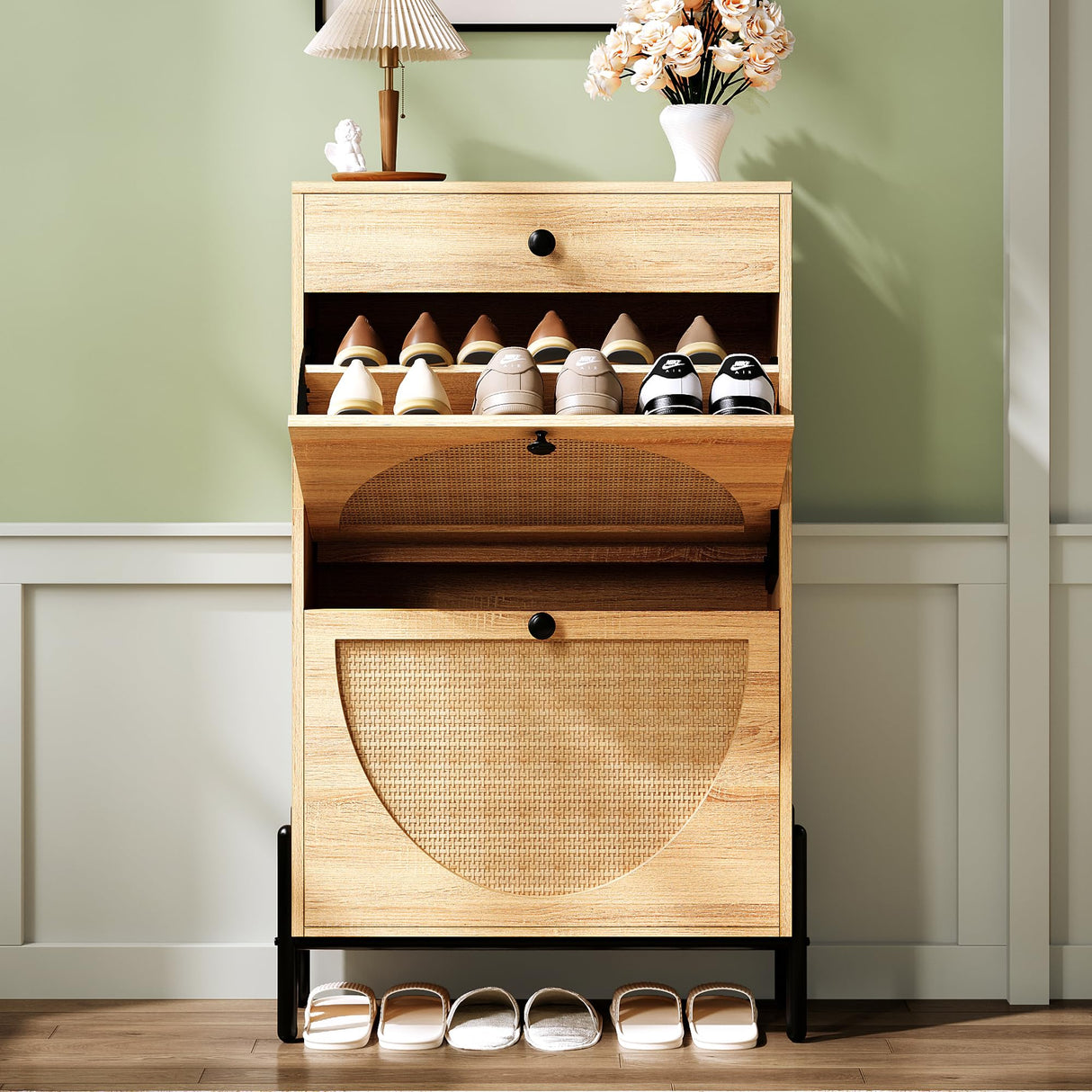 IRONCK Shoe Cabinet with 2 Flip Drawers, Shoe Storage Cabinet for Entryway, Free Standing Shoe Storage Organizer with Rattan Doors Slim Narrow Shoe Rack Cabinet, Oak IRONCK