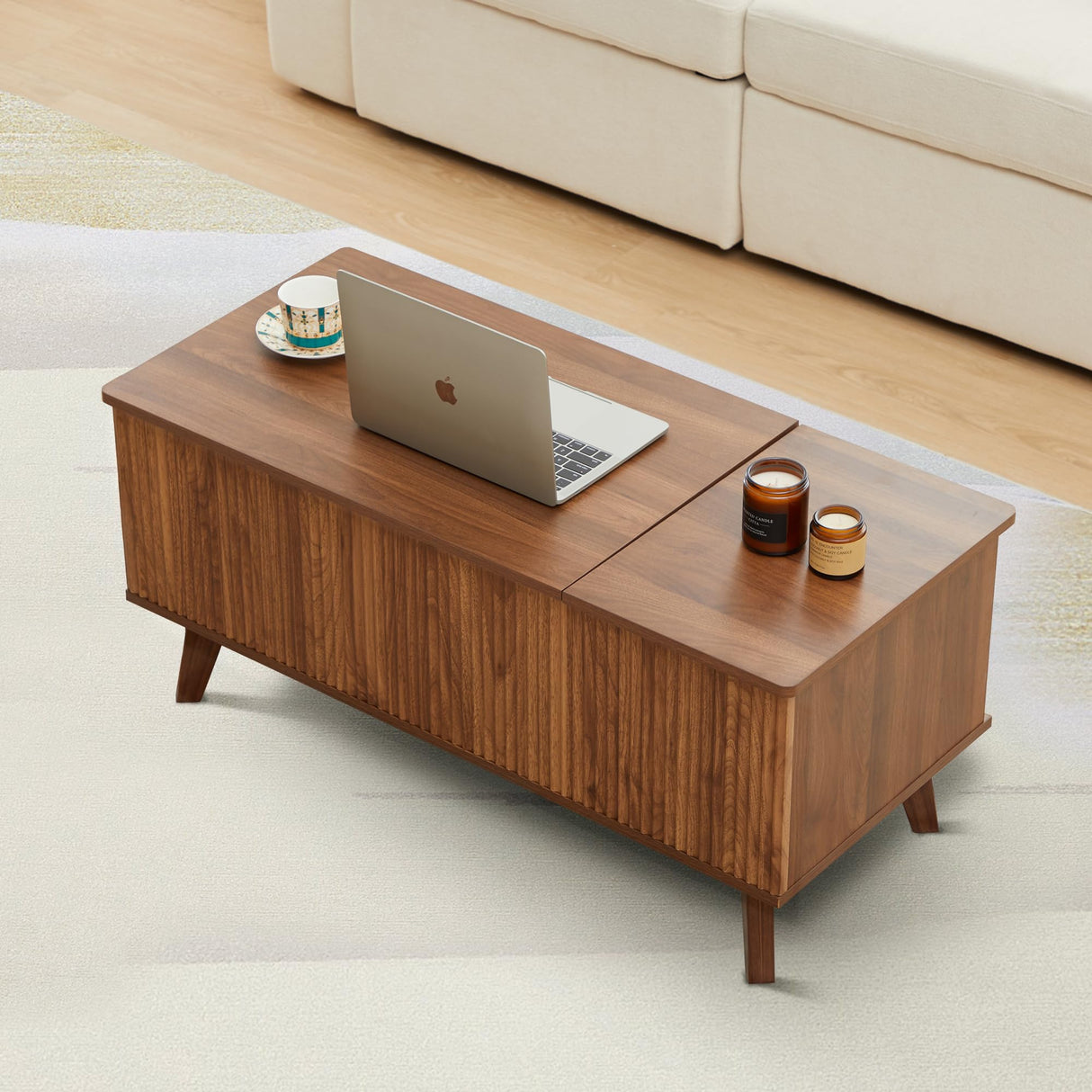 Wooden Fluted Lift Top Coffee Table with Hidden Compartment, Modern Rectangle Center Tables with Adjustable Storage Shelf, Lift Tabletop Dining Table for Home Living Room Office(Walnut) XUZENEST