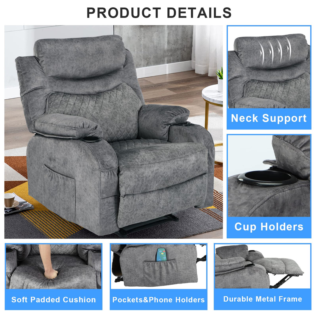 Comermax Fabric Massage Recliner Chairs with Heat Massaging Manual Reclining Chair Overstuffed Heated Recliners with Cup Holders for Adults Grey Comermax