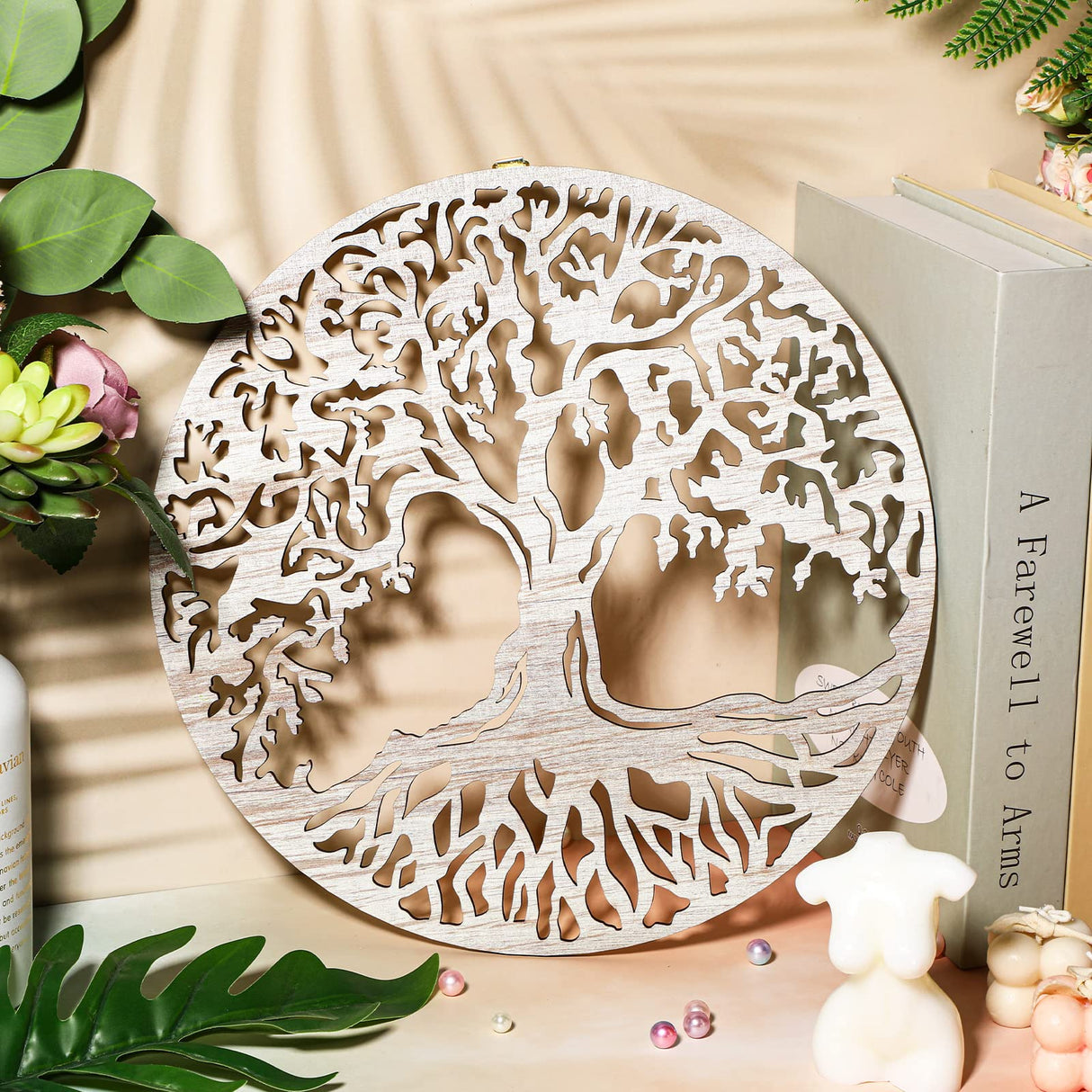 Tree of Life Wooden Wall Art Decor Wooden Wall Sculpture 11.8 Inch Tree of Life Wood Hollowed Out Hanging Sign for Farmhouse Home Hanging Decoration Supplies(White) Yalikop