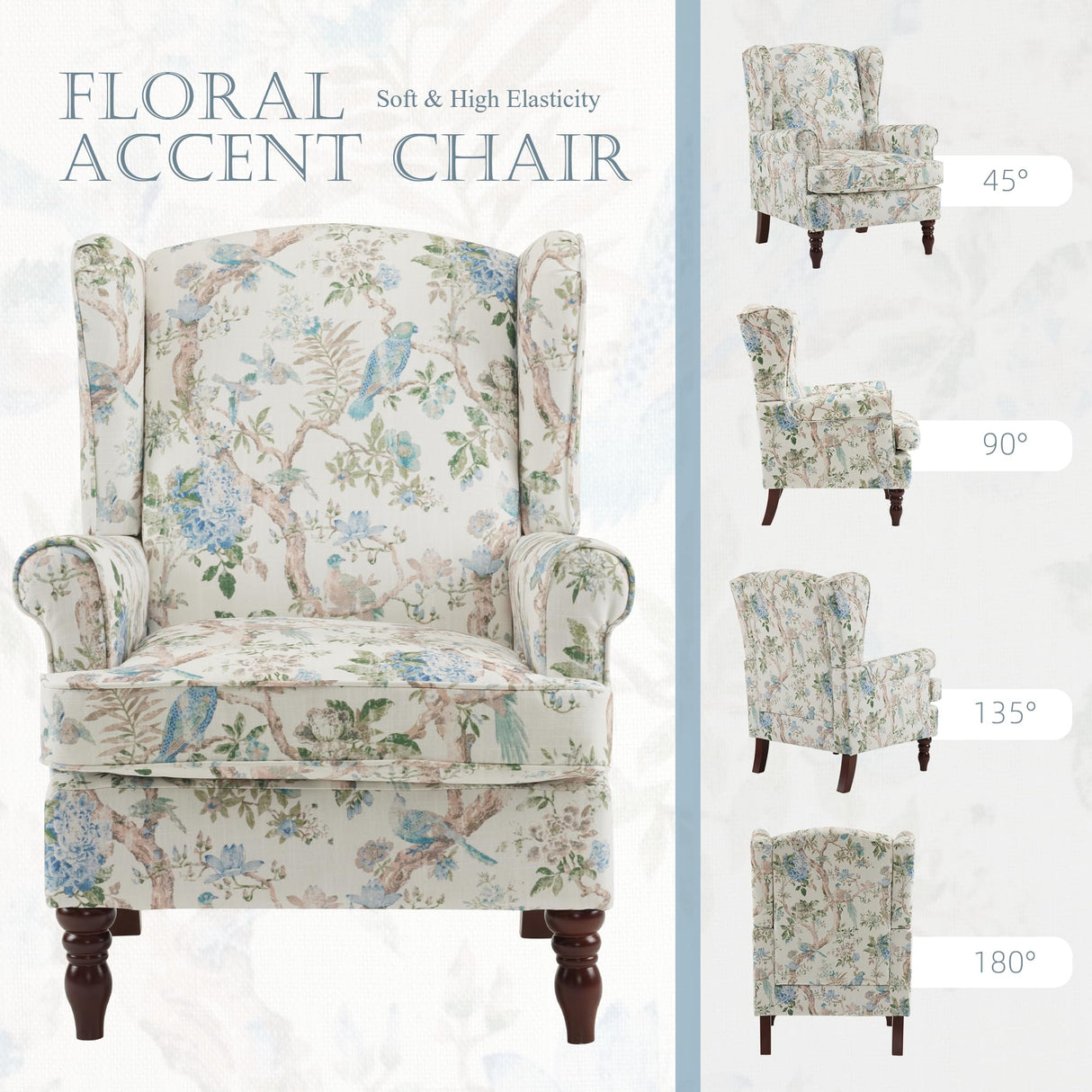 MELLCOM Floral Accent Chair, High Back Upholstered Armchair with Solid Legs, Leisure Single Sofa Chair for Living Room, Bedroom, Home Office, Light Blue Floral&Bird MELLCOM