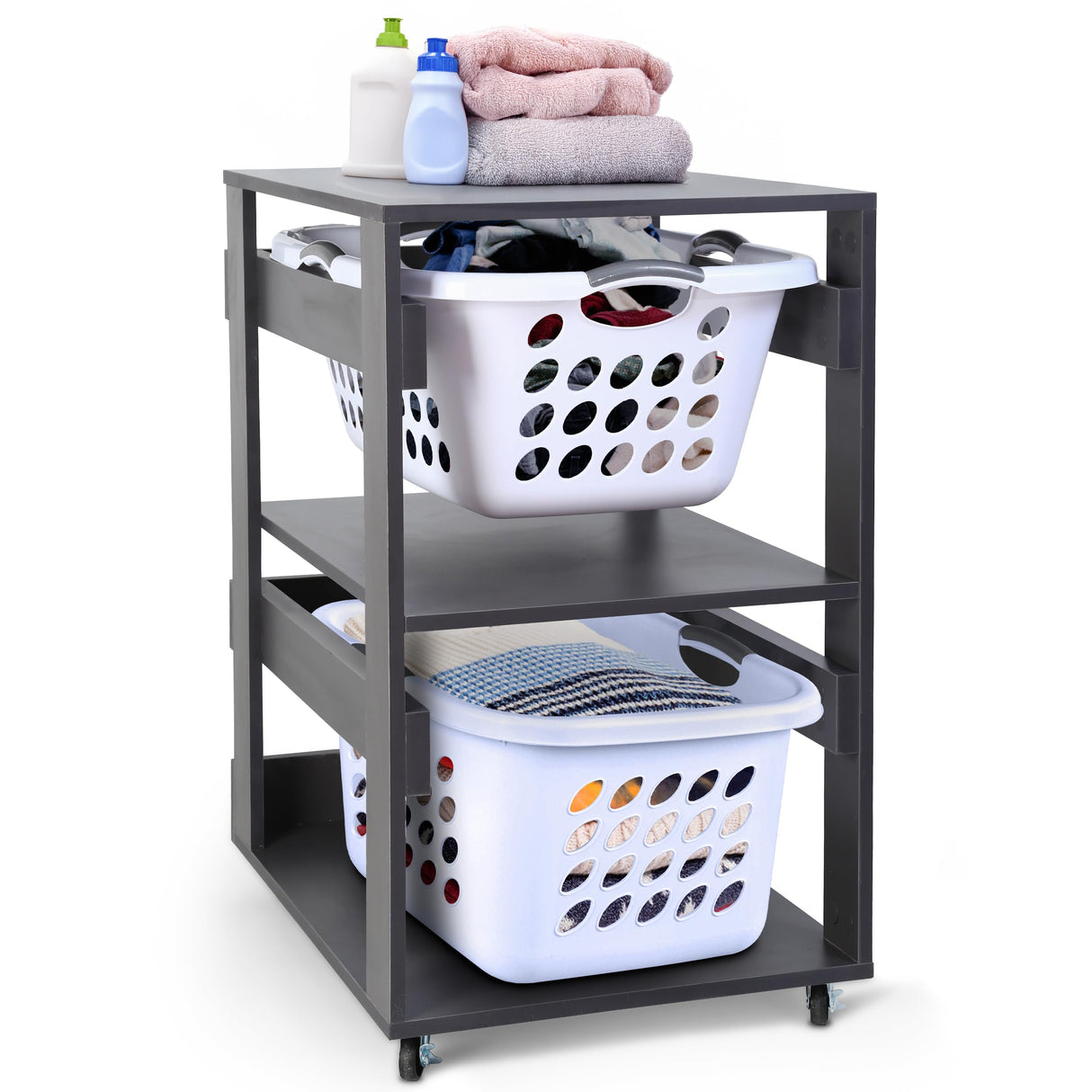 Laundry Basket Holder Shelf (2-Tier) - Stackable Engineered Wood Laundry Tower with Wheels, Tiered Laundry Hamper Organizer for Bathroom, Bedroom LEAPOAK