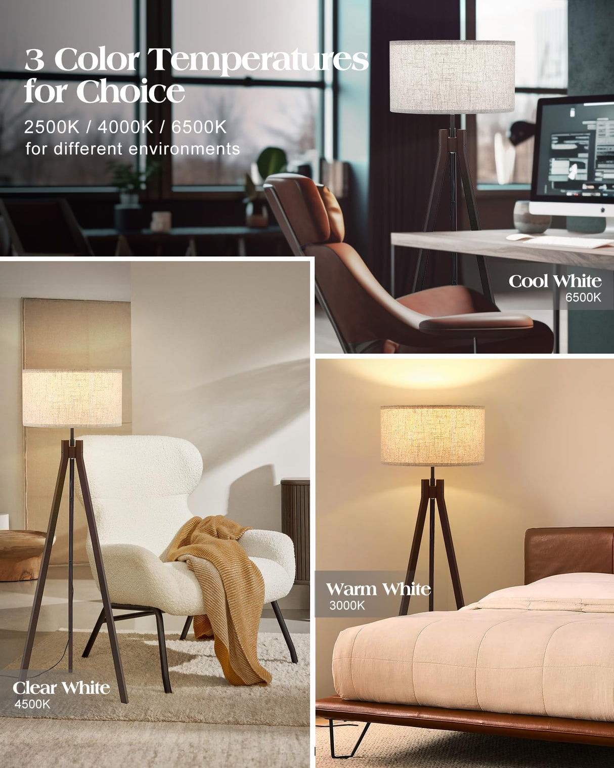 ELYONA Wood Tripod Floor Lamp for Bedroom, 3 Color Temperatures & Linen Shade, Modern Reading Standing Lamp with 9W LED Bulb, Mid Century Night Light for Farmhouse, Living Room, Office, Walnut ELYONA