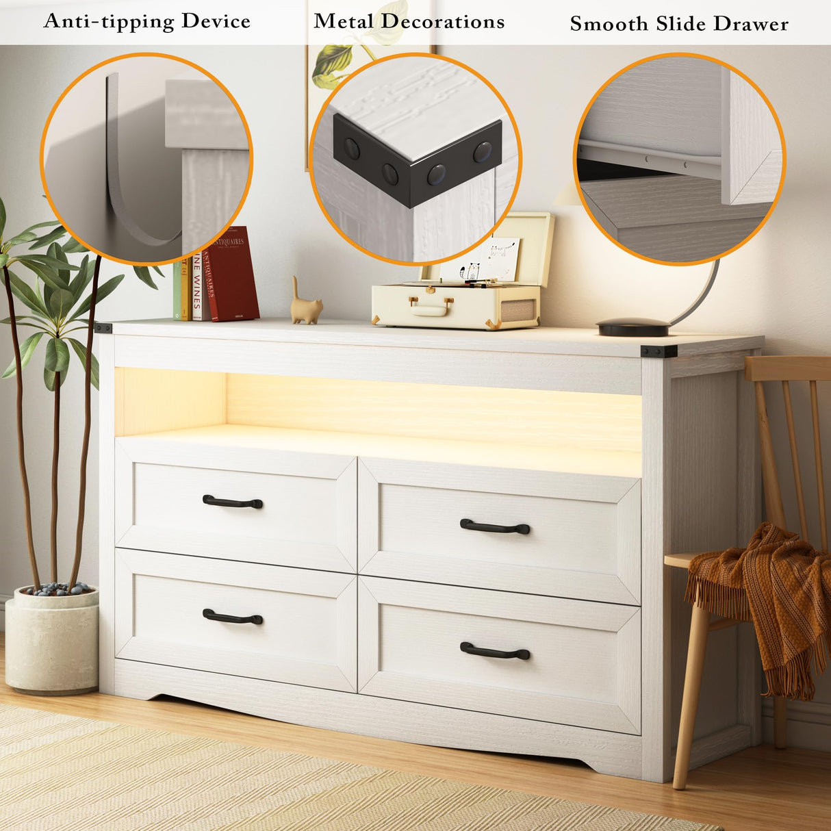 Wodeer White Dresser for Bedroom, Wood 4 Drawer Dresser with LED Light, Dressers & Chests of Drawers with Metal Handles, Storage and Organization for Bedroom, Hallway, Entryway Wodeer