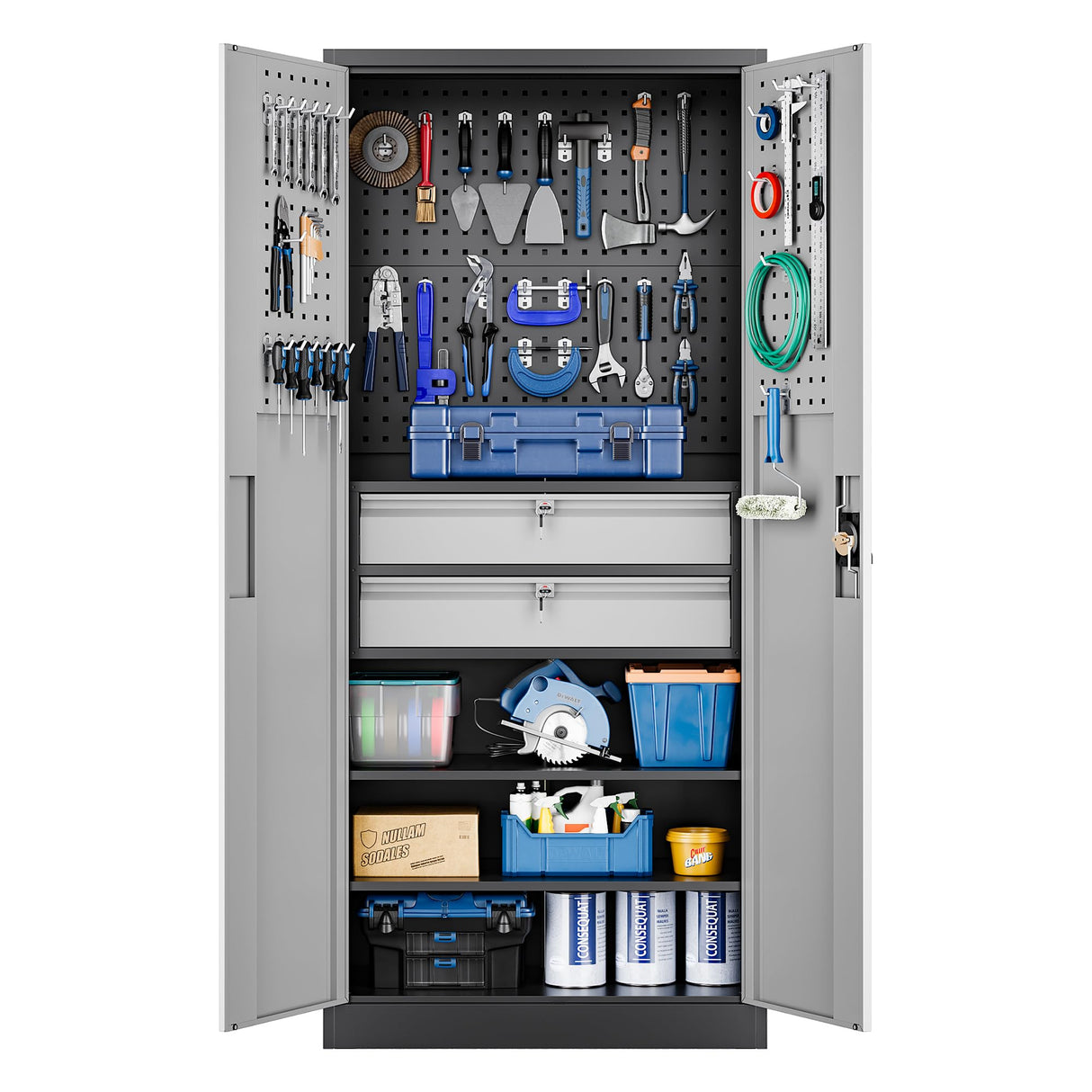 Yizosh Metal Garage Storage Cabinet with Locking Doors and 2 Drawers, Heavy Duty Steel Tool Cabinet with Pegboard, 71" - Lockable Cabinets for Garage, Warehouse, Basement (Black Gray) Yizosh