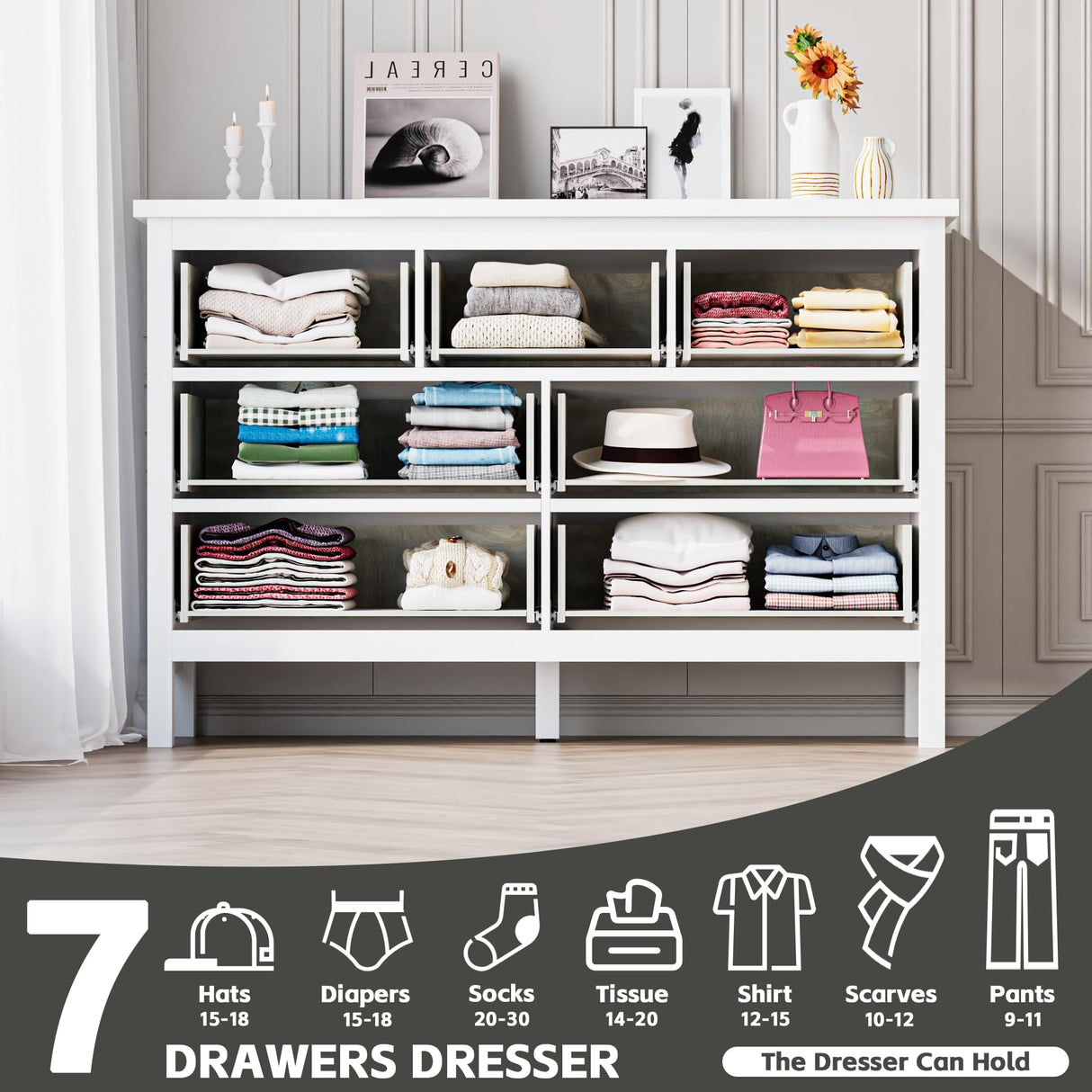 Tradare White Dresser for Bedroom with 7 Drawer,Wooden Double Dresser with Metal Handles, Wide Chest of Organizer Storage Drawers for Living Room, Hallway, Entryway Tradare