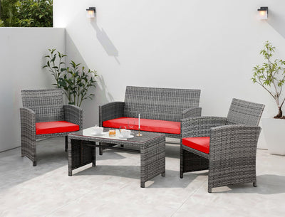 Shintenchi 4 Piece Patio Ratten Set Outdoor Furniture Set Wicker Conversation Set with Cushions and Tempered Glass Tabletop,Red