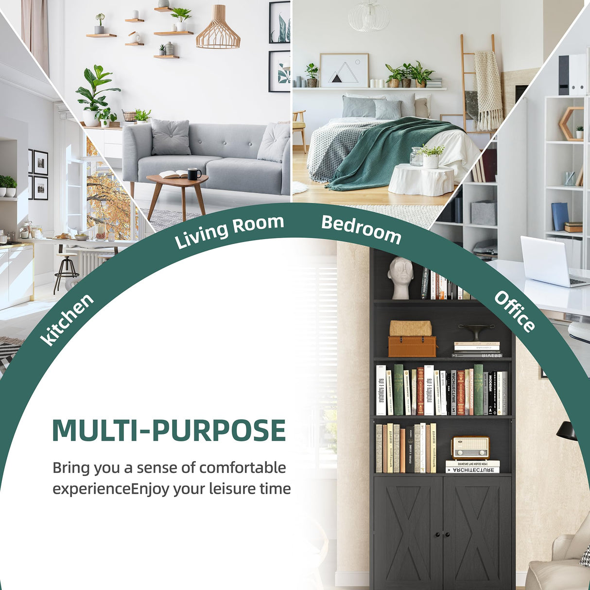 Shintenchi Bookshelf, Industrial Bookshelves and Bookcases with Doors Floor Standing 6 Shelf Display Storage Shelves 70.6 inches Tall Bookcase for Home Office, Living Room (Black) Shintenchi