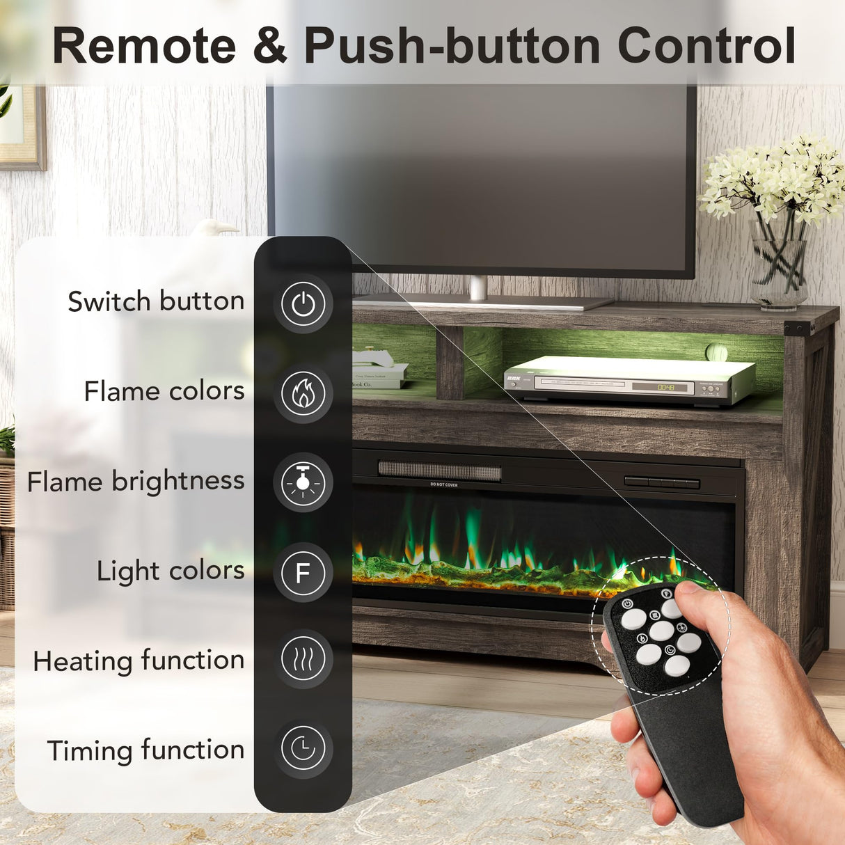 COCO DESIGN Fireplace TV Stand, Multicolor Wood Texture 50" Electric Fireplace with Highlight Storage Cabinet, LED Light Entertainment Center, for TVs Up to 65"(Gray) COCO DESIGN