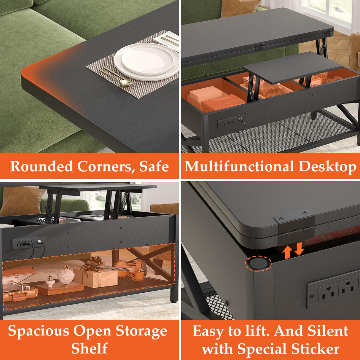 Aheaplus Coffee Table Lift Top Multi-Function Coffee Table Converts to Dining Table, with LED Light and Power Outlet, Center Table with Shelves for Living Room Reception Home Office, Black Aheaplus