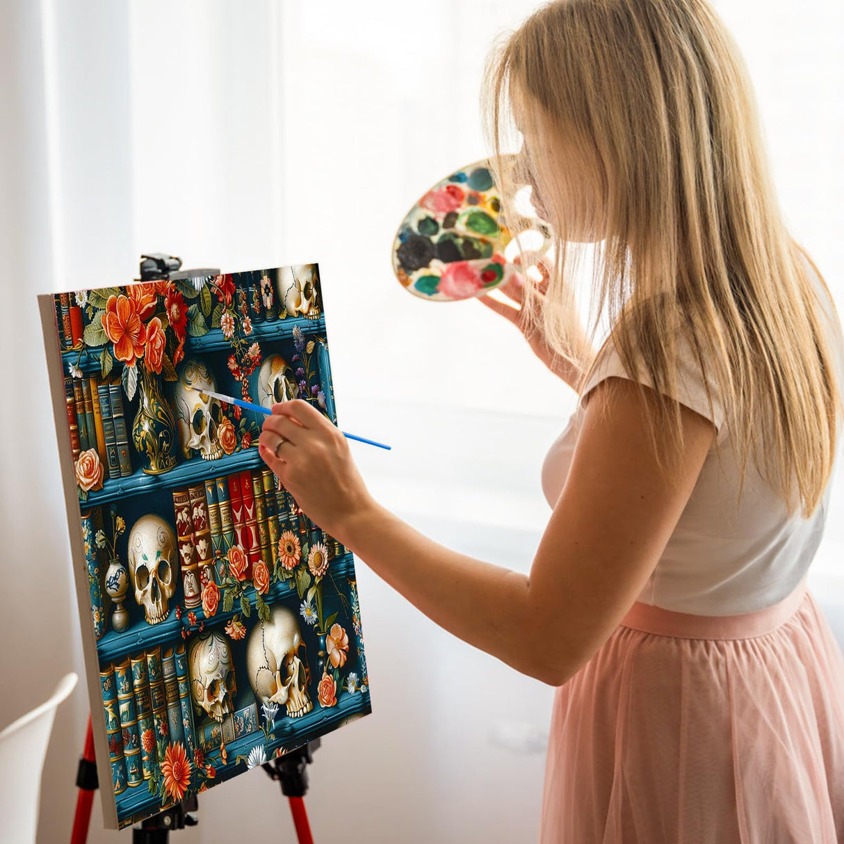 Paint by Numbers Kit for Adults - Halloween Bookshelf Adult Paint by Number Kits on Canvas for Beginner, Skull DIY Acrylic Oil Number Painting for Adults, Perfect for Home Decor Gift 16x16 Inch GEEHEIY