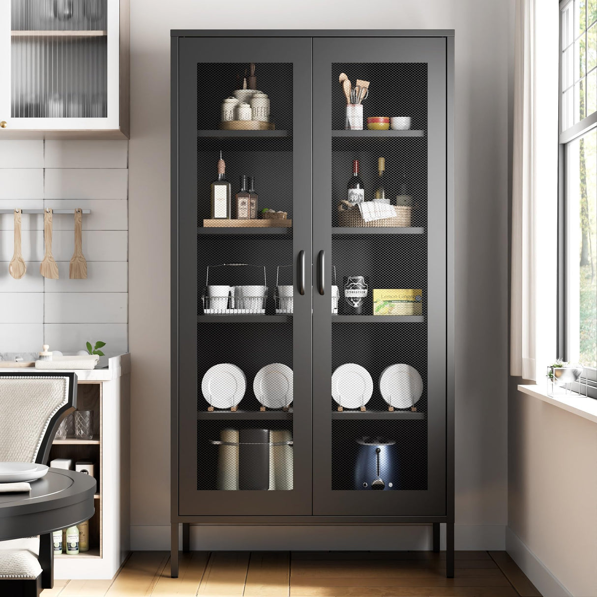 Ustamio 73 Inches Black Metal Storage Cabinet with Mesh Doors, 5 Tier Display Cabinet for Home Office, Metal Kitchen Pantry Storage Cabinet with 4 Adjustable Shelves Ustamio