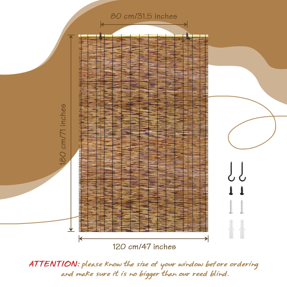 Tgzwme 2 Pack Retro Bamboo Roll-up Reed Shades - 47" W x 71" H Natural Light Filtering Window Blinds Tgzwme